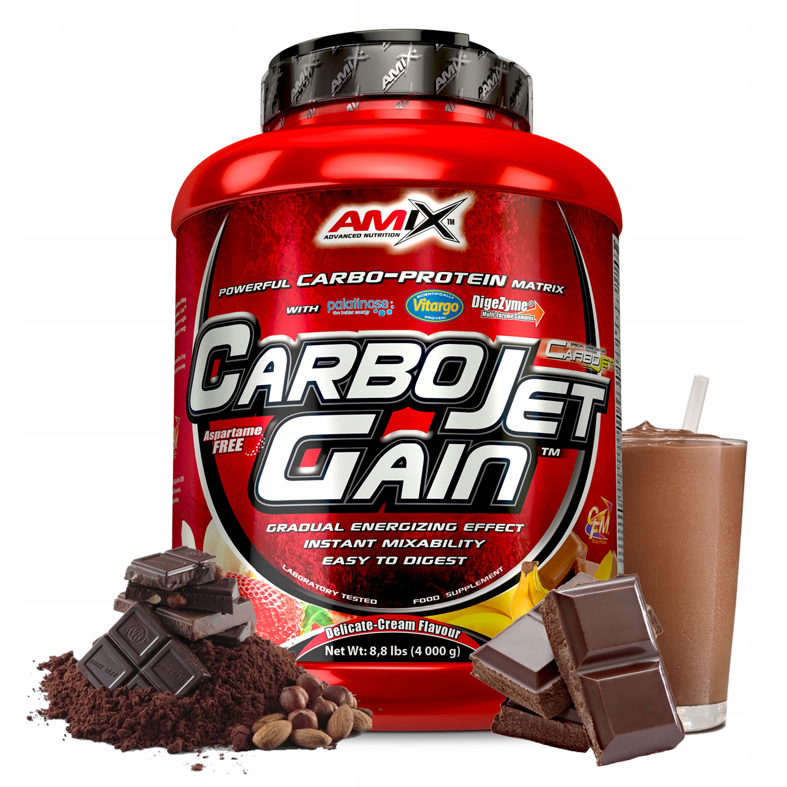 Gainer na svalovou hmotu 4 kg čokoláda syrovátkový protein sacharidy