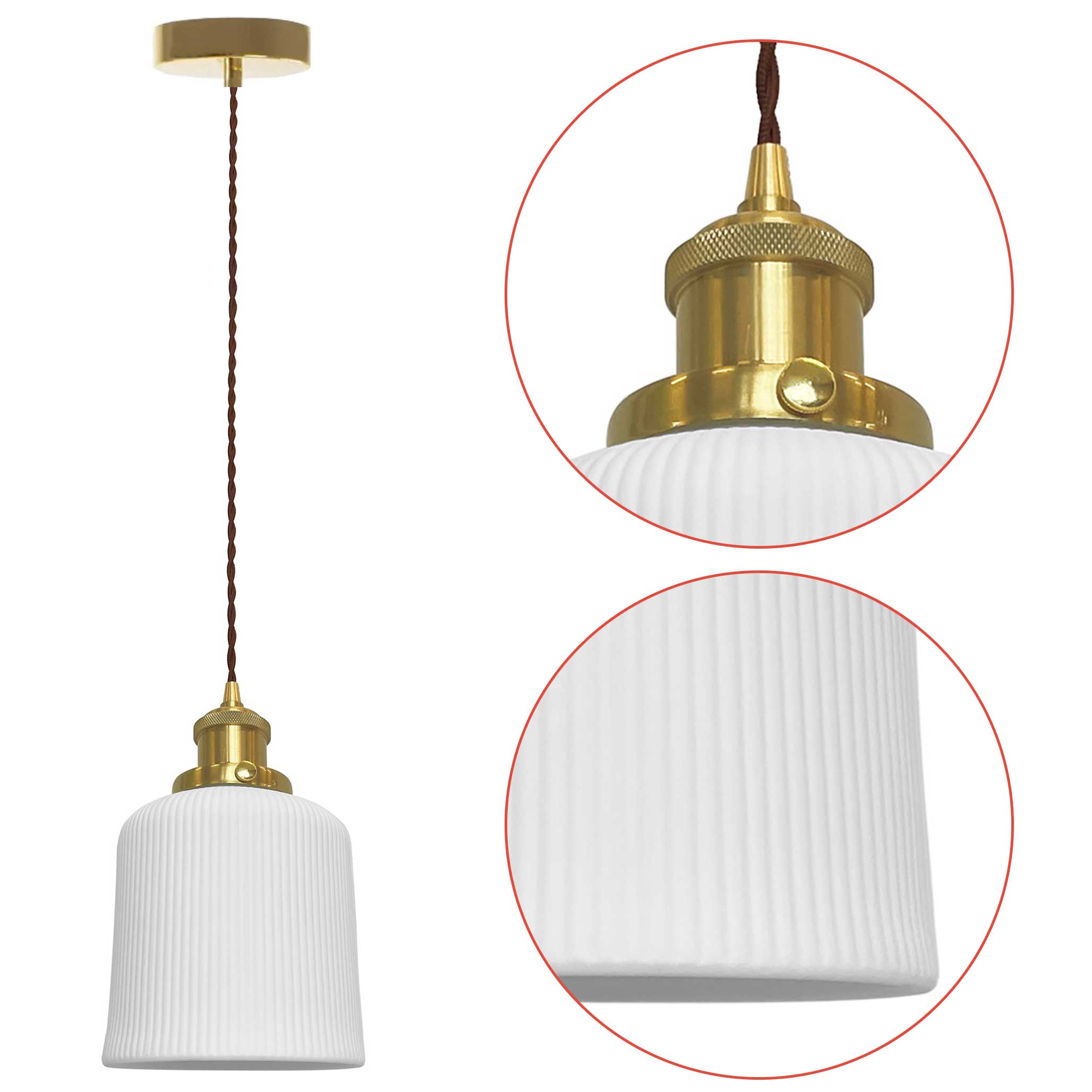 Keramická biela závesná lampa E27 Biela zlatá čierna ryhovaná lampa