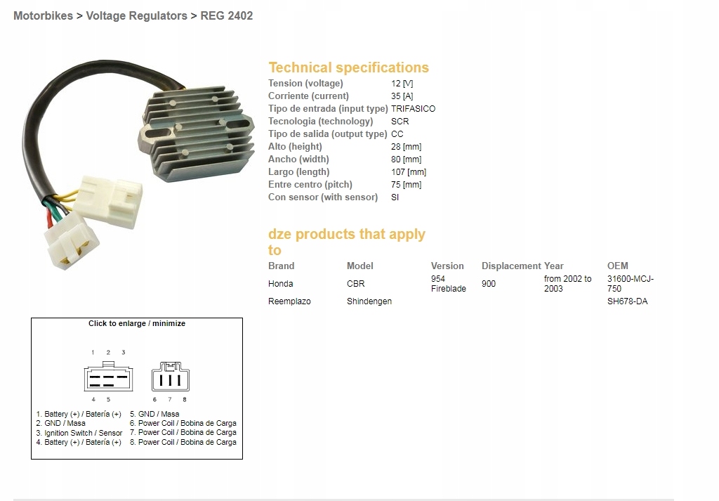 Regulátor Napätia Dze Honda Cbr 900RR '02-'03 (CBR954) (ESR690) (31600-MCJ