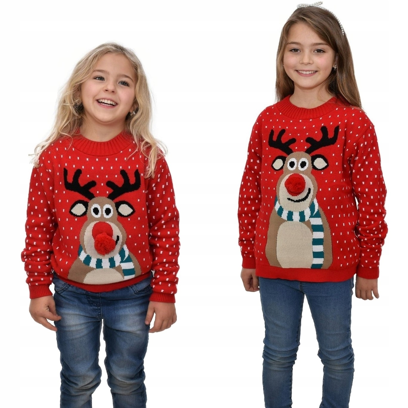 SWETER ŚWIĄTECZNY DZIECKO CZERWONY RENIFER NOS 7/8 Kolor wielokolorowy