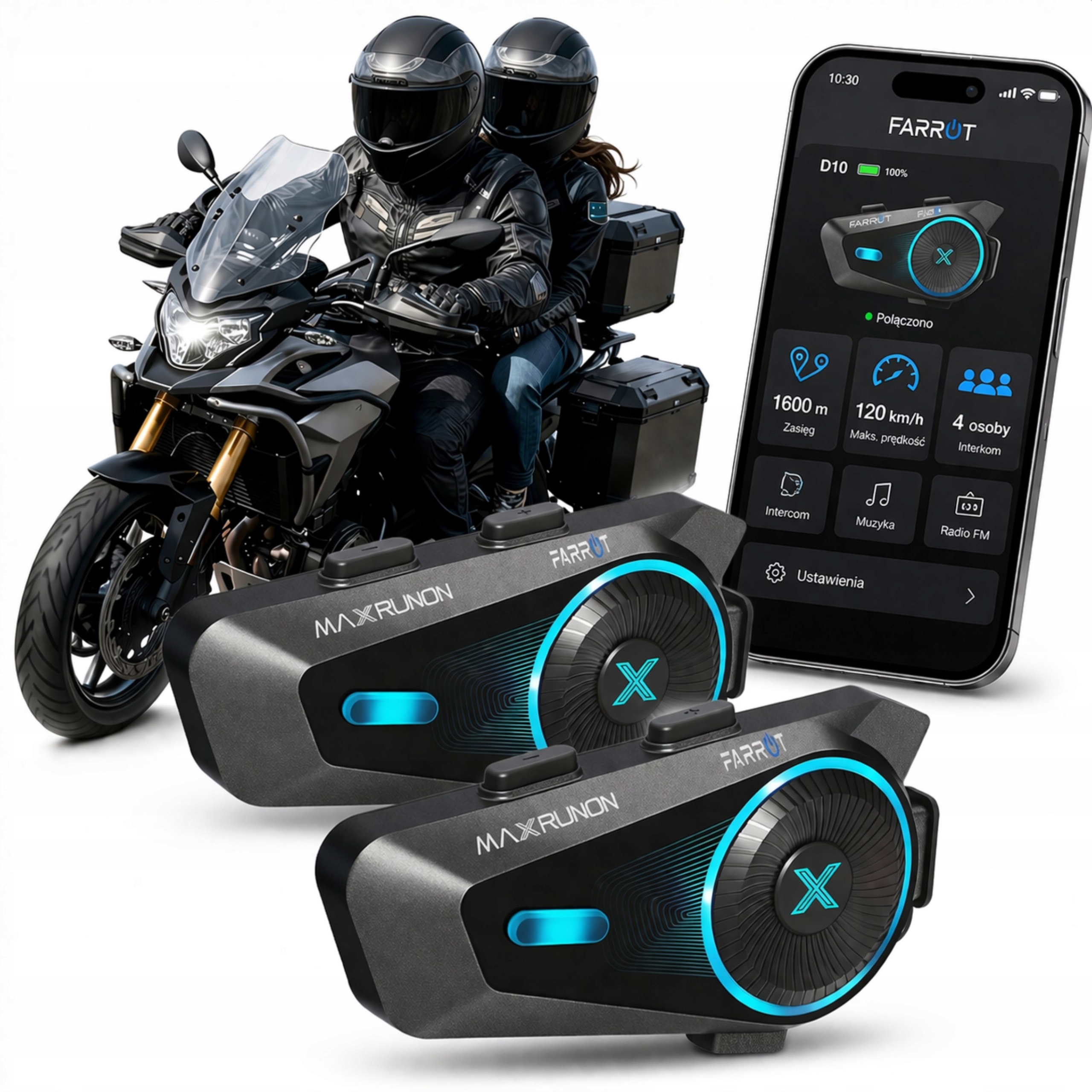 Interkom Motocyklový pre prilbu Mesh 1.6km Bluetooth 5.4 IPX7 Anc 160km 2ks