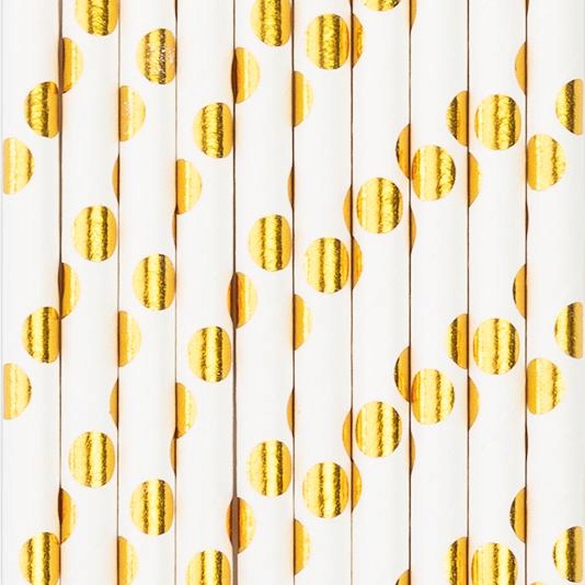 Słomki jednorazowe do picia rurki papierowe białe w złote kropki 10 szt