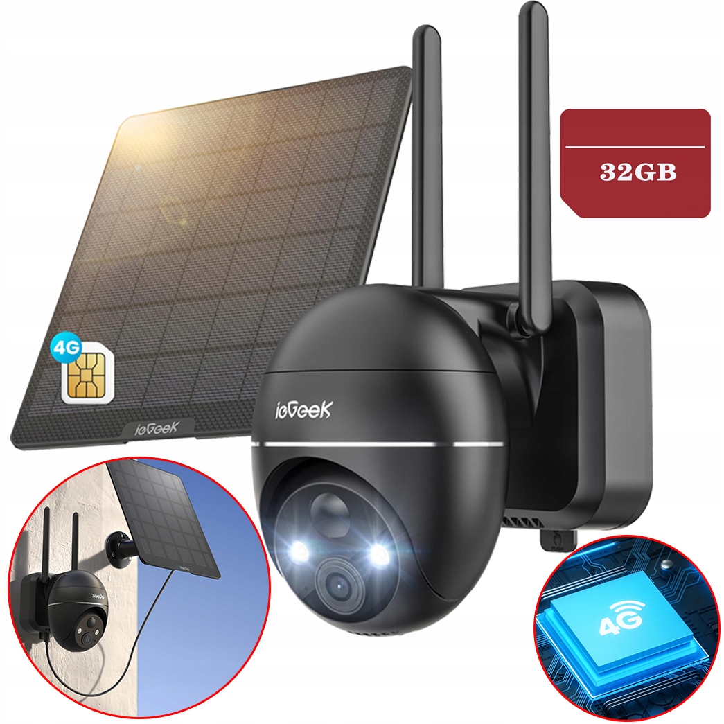 Solární Otočná Kamera Gsm 3G/4G Lte Sim 3MPX 4X Zoom Monitorování 32GB Sd