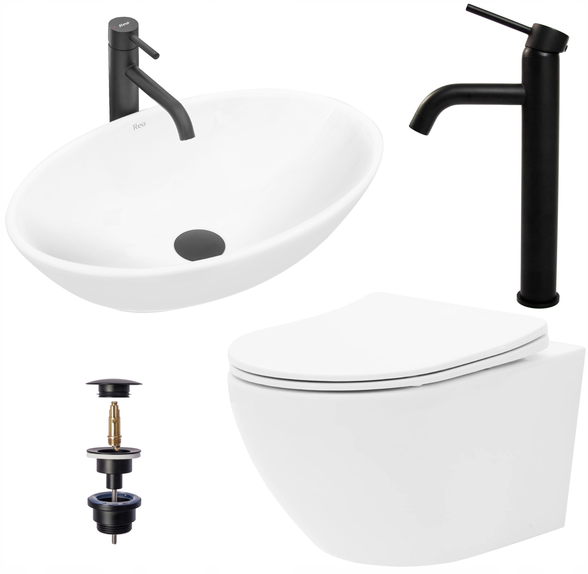 Misa WC Carlo Rimless + Umywalka Pamela + Czarna Bateria Lungo + Korek Rea