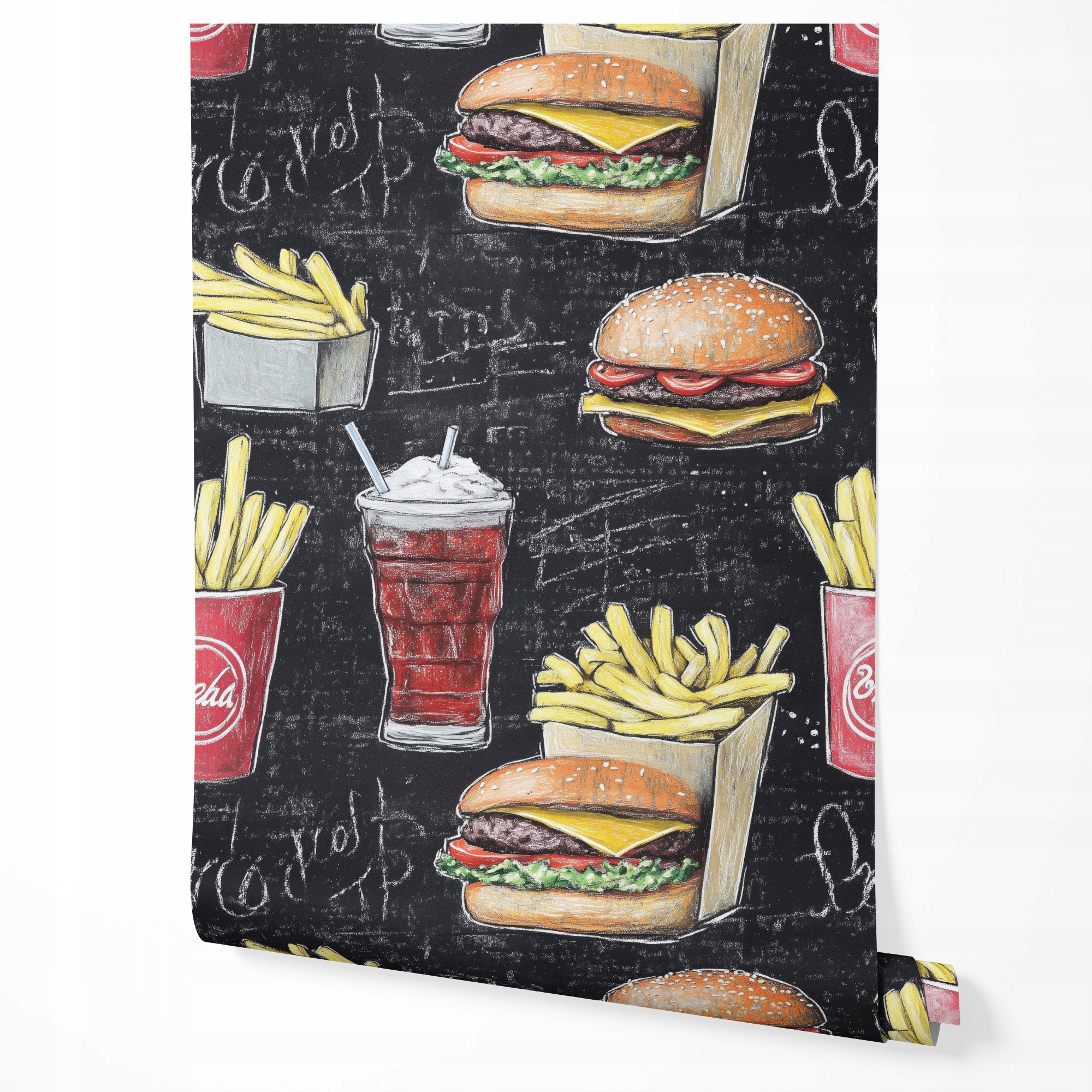 Tapeta Na Stenu Rýchleho Občerstvenia Hamburger Hranolky Čierne Pozadie Pre Reštauráciu Baru