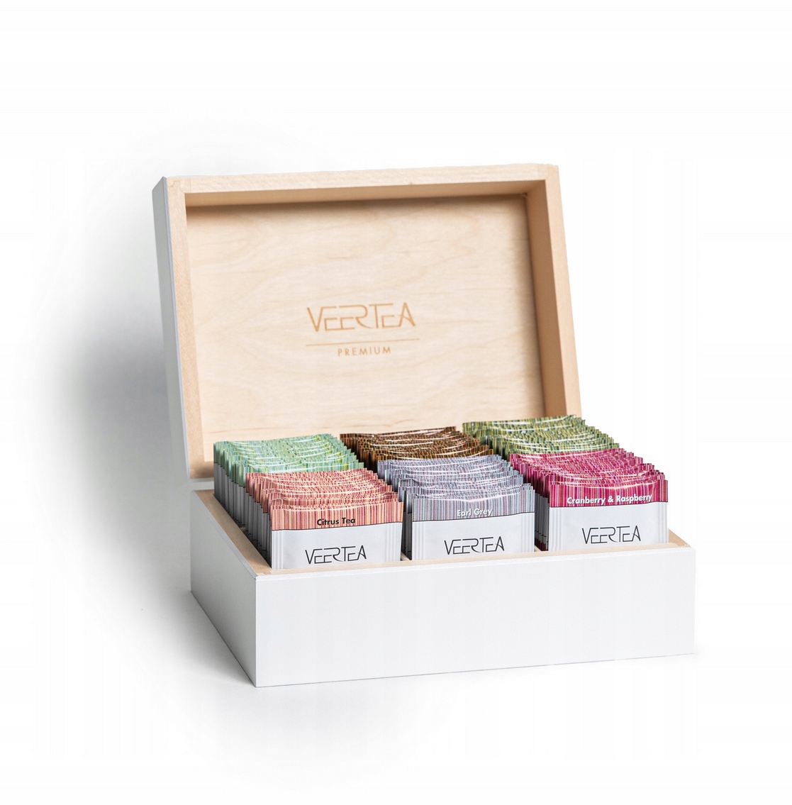 Veertea Premium Zestaw herbat drewniana skrzynka 96 kopert biała