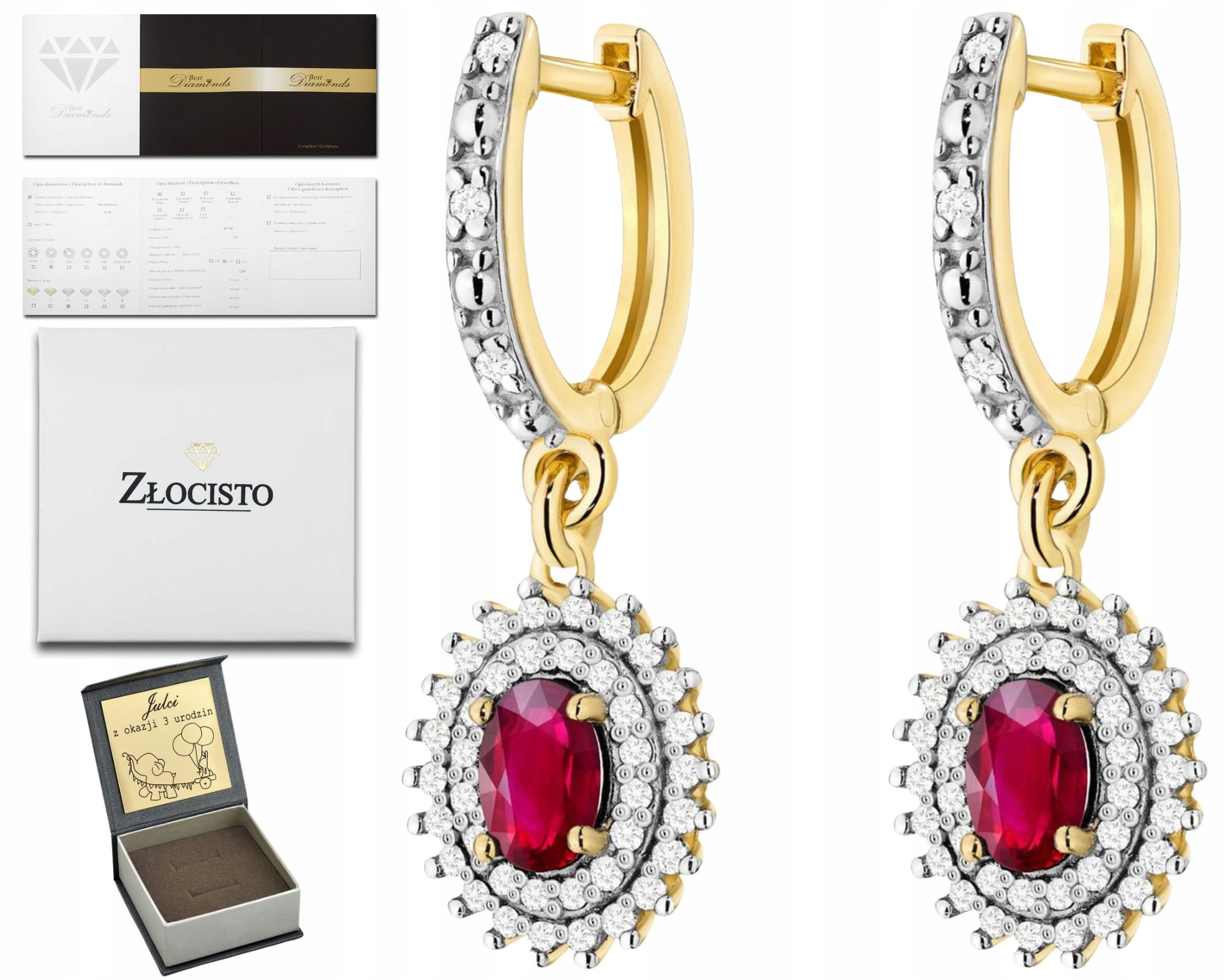 Zlaté Náušnice Přírodní Kámen Rubín Diamanty Zlato 585 14K Dárek