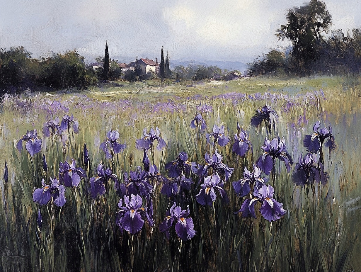 Obraz Na Plátně Canvas Krajina Vesnice Louka Domy Květiny Kosatce 80x60