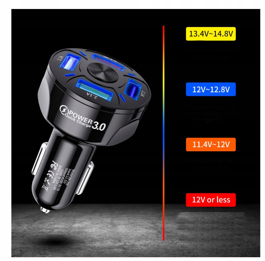 SZYBKA ŁADOWARKA SAMOCHODOWA QC 3.0 7A 4xUSB Kolor czarny