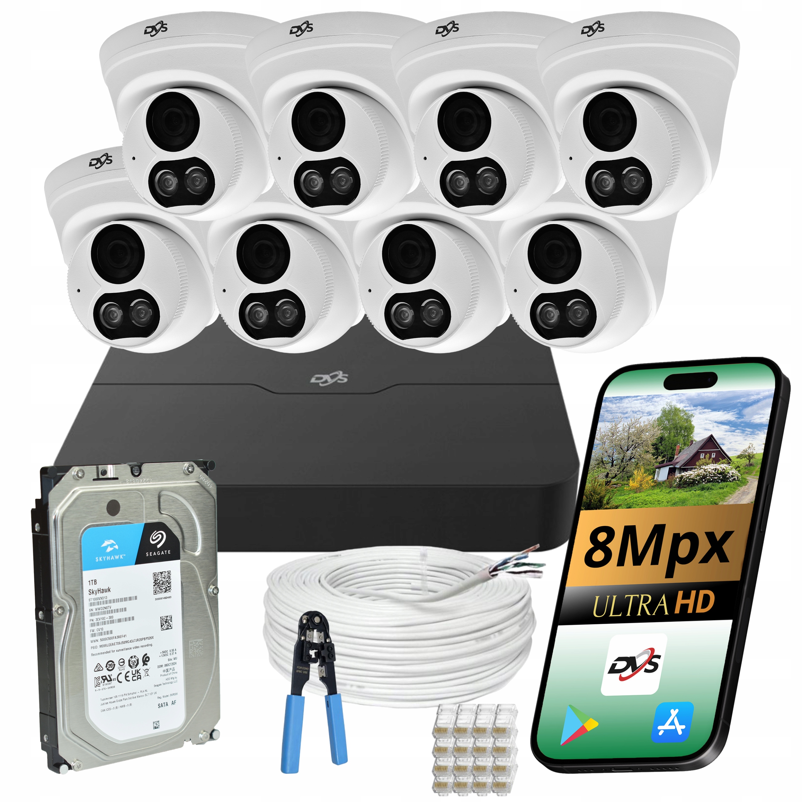 Monitorovací Systém Dvs 8x Kamera 8MPX Ip Poe Hybridní Externí Disk 1TB