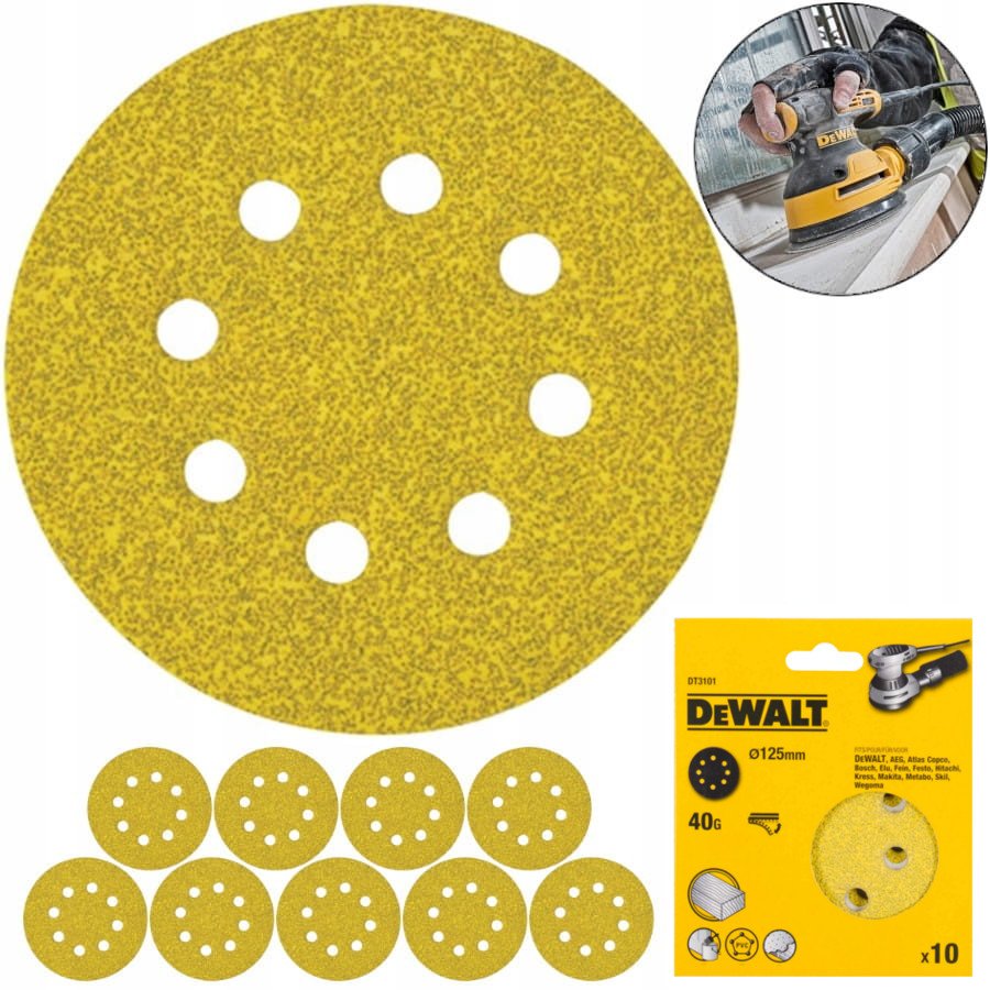 Dewalt Papier ścierny na rzep krążek 125mm P40 10 szt zestaw 8 dziur DT3101