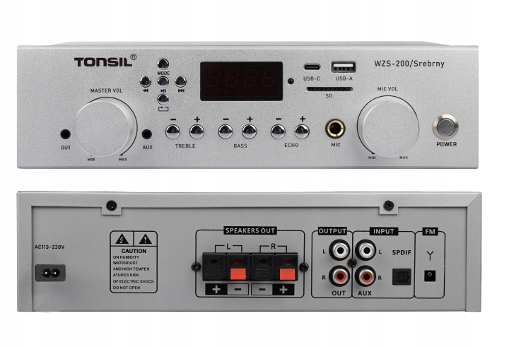 Zesilovač Tonsil WZS-200 2x60W Bluetooth 5.3 Aux MIC Fm Usb stříbrný