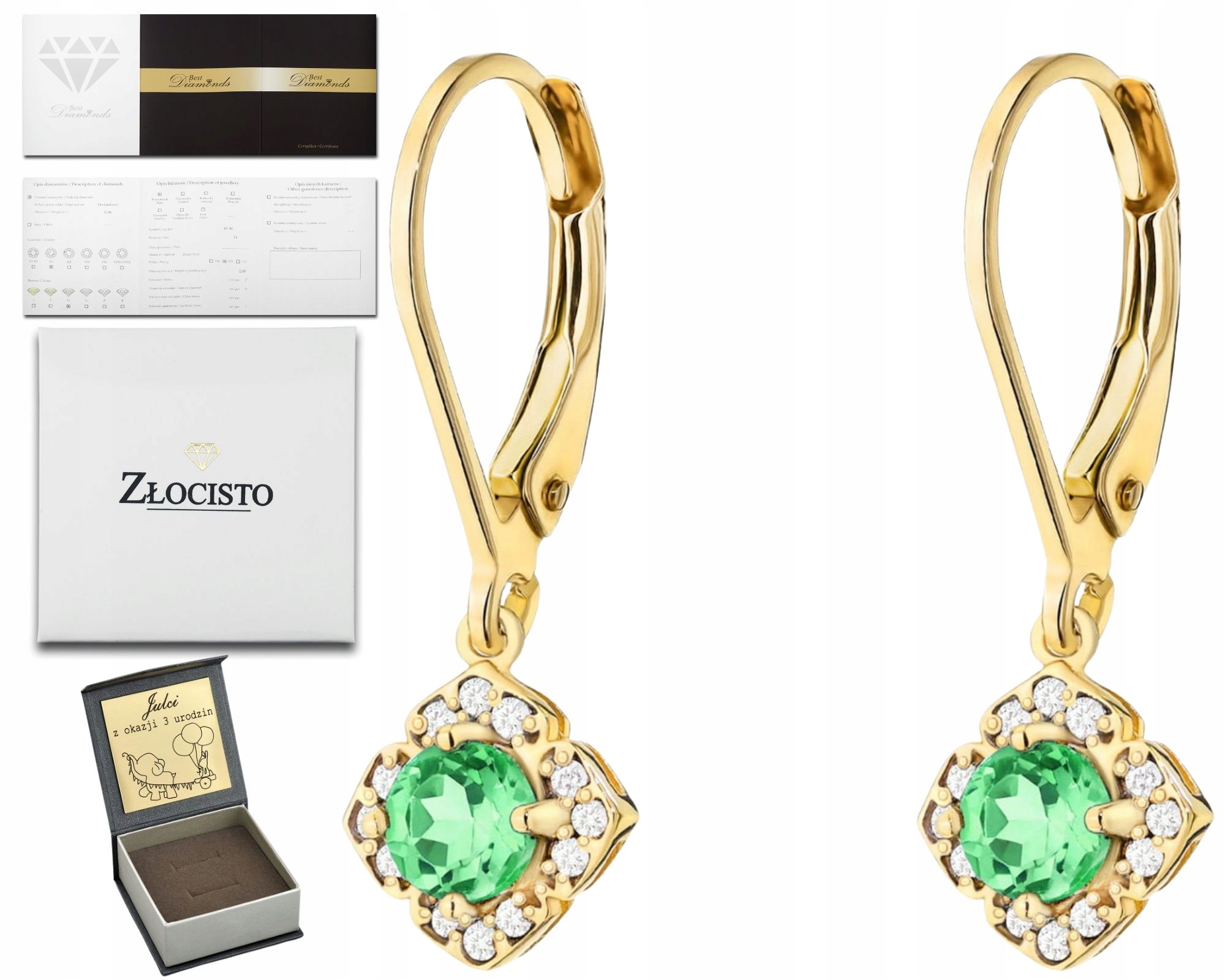 Zlaté Náušnice Se Smaragdem Brilianty Anglické Zapínání Zlato 585