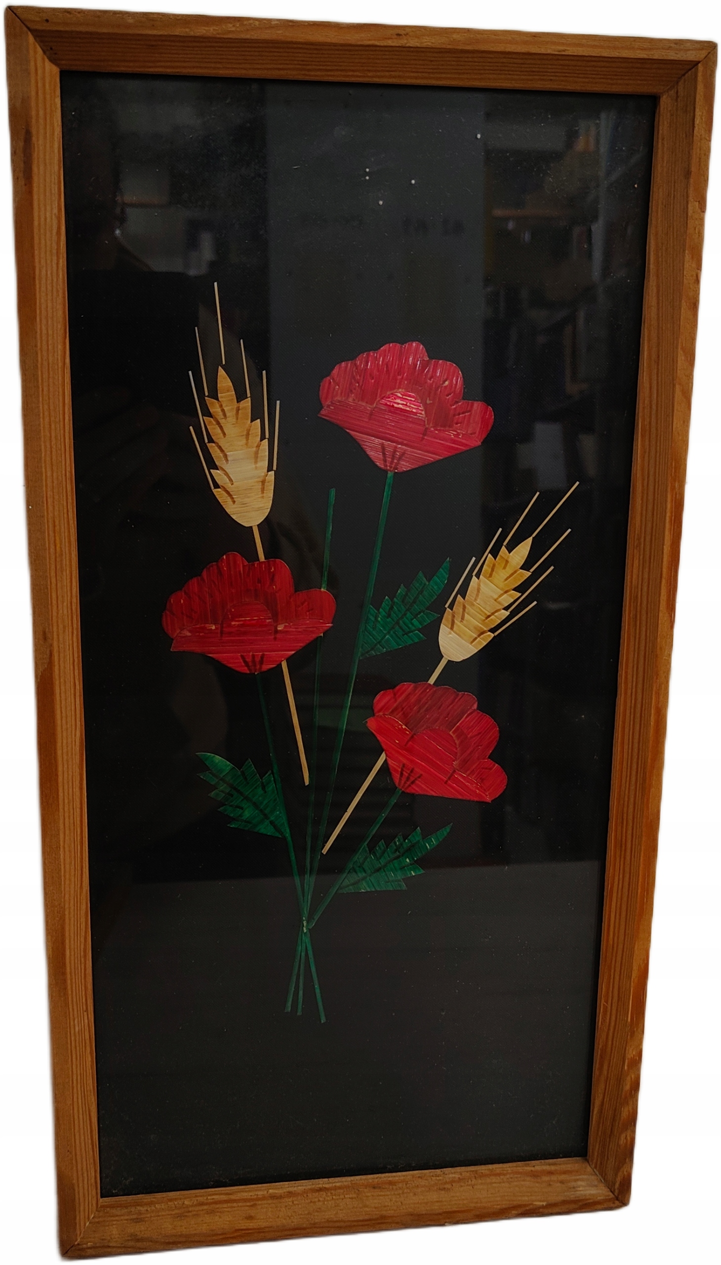 PIĘKNY OBRAZ ZE SŁOMY PRASOWANEJ KWIATY DEKORACJA PRL