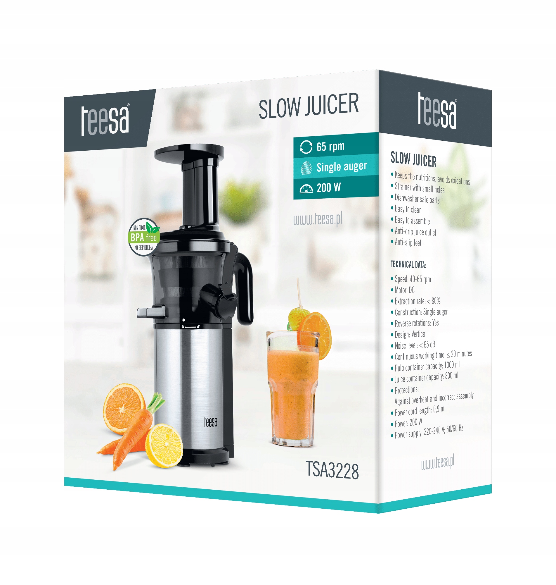 Wyciskarka wolnoobrotowa pionowa TEESA TSA3228 200 W Model TSA3228