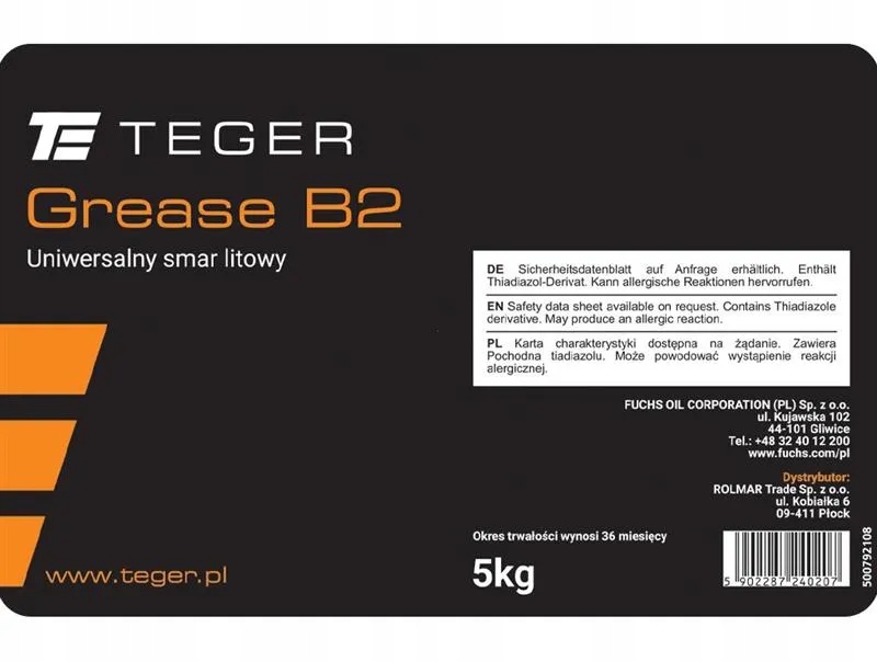 Uniwersalny smar litowy TEGER GREASE B2 opakowanie 5kg Producent Inny