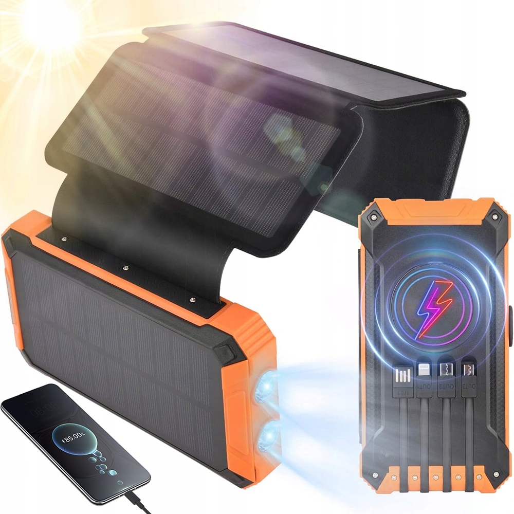 Solární Powerbanka Se 3 Porty, 4 Vestavěné Kabely, Bezdrátové Nabíjení