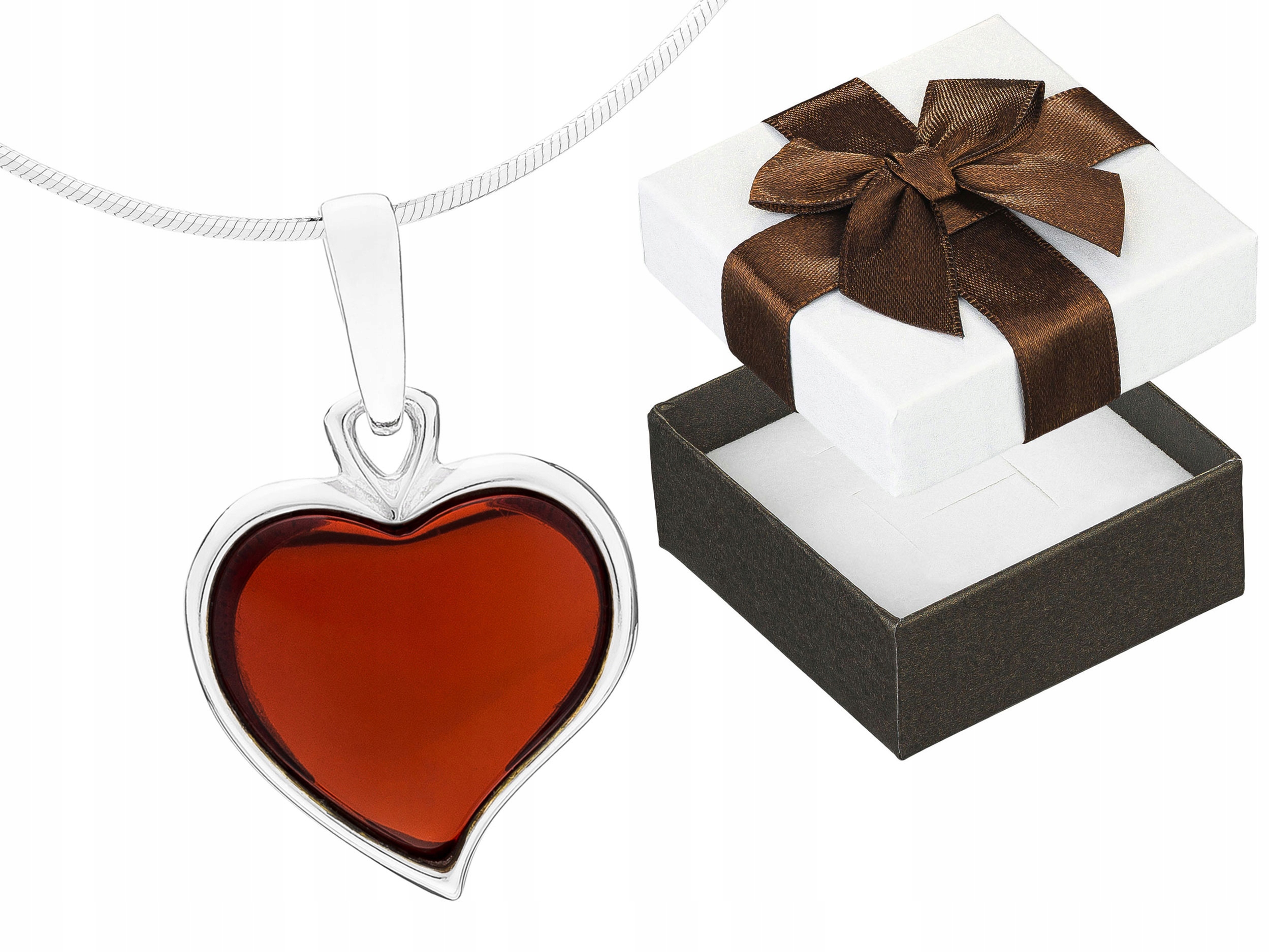 Dlouhý stříbrný dámský náhrdelník s třešňovým jantarem Srdce jantar 75 cm