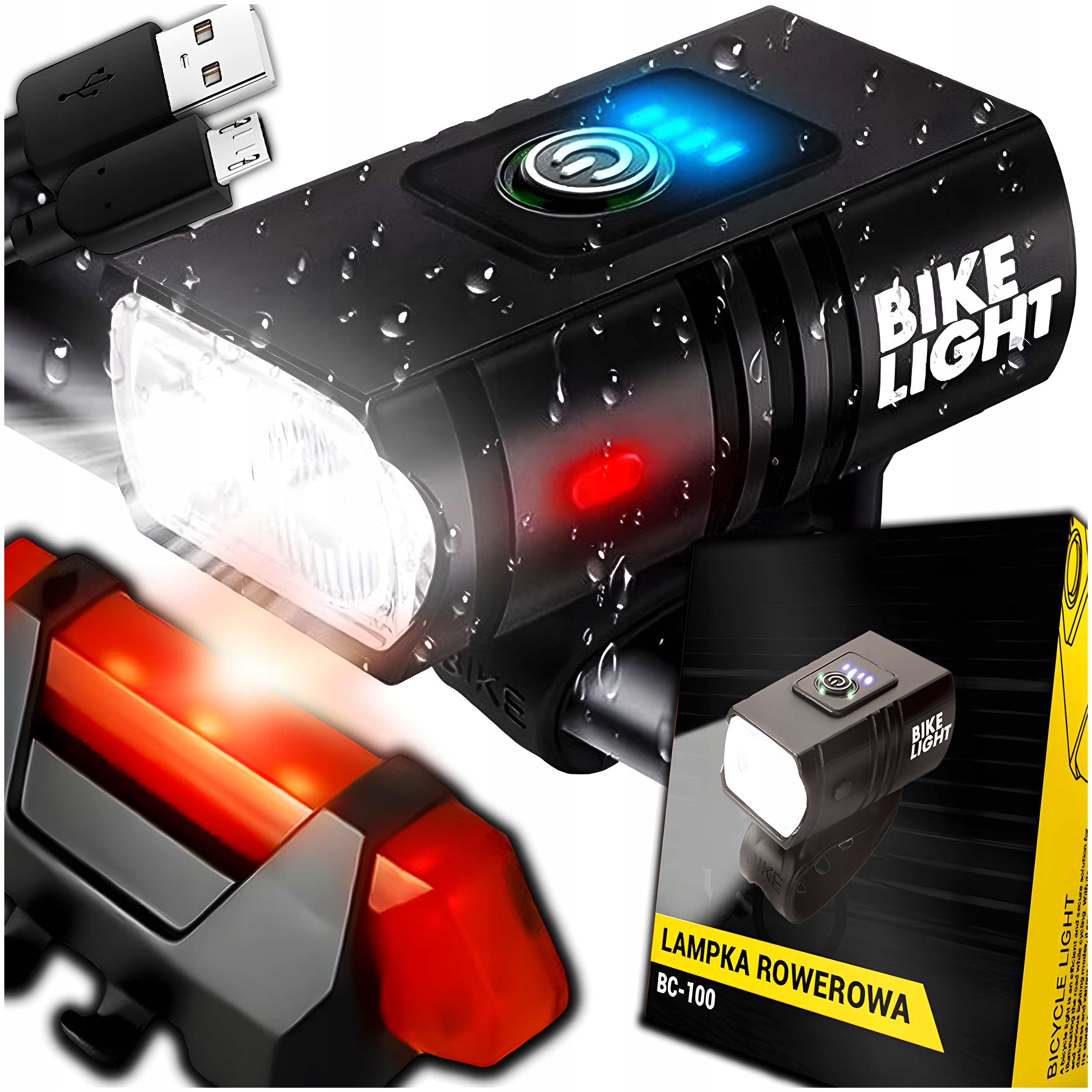 MOCNA LAMPKA ROWEROWA PRZEDNIA TYLNA LED WODOODPORNA AKUMULATOR USB ZESTAW