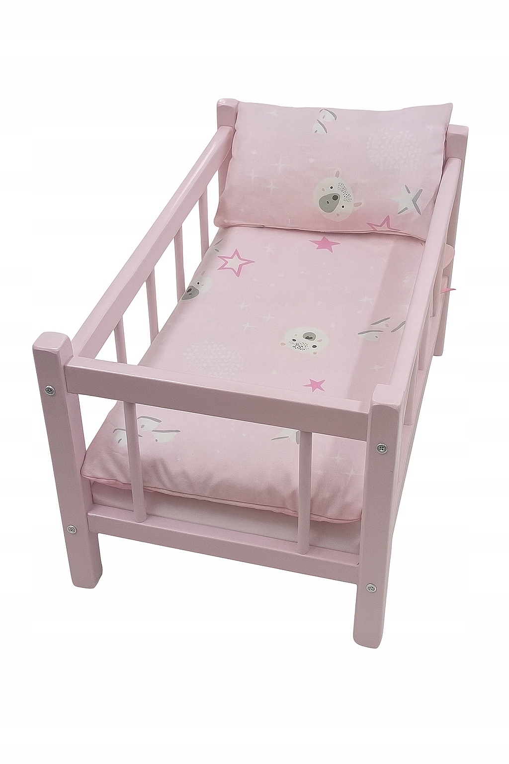 ŁÓŻECZKO DREWNIANE RÓŻOWE + Pościel 3-elementowa dla lalek