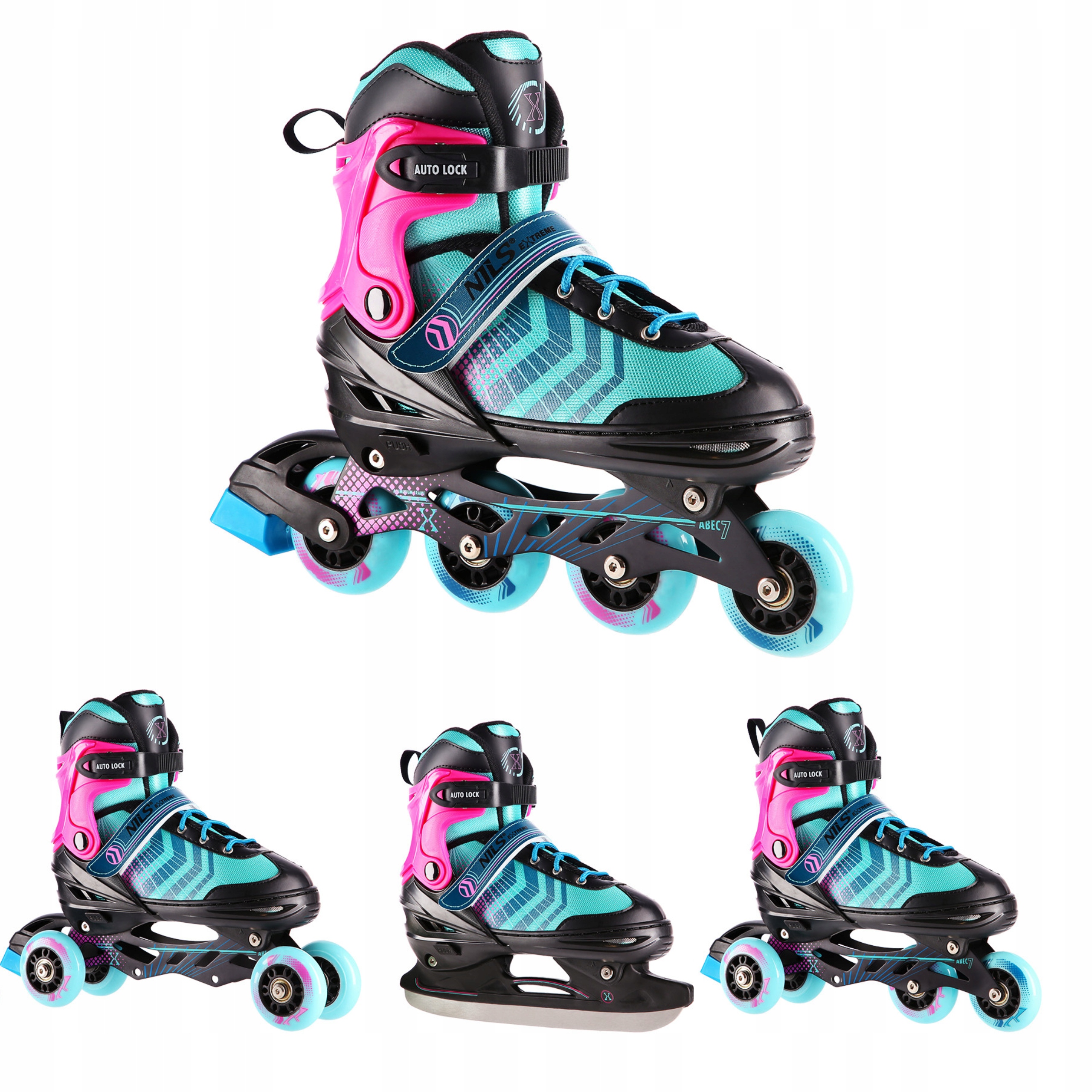 Rolki 4w1 regulowane 34-38 fioletowe łyżwy wrotki zestaw ABEC7 Nils Extreme