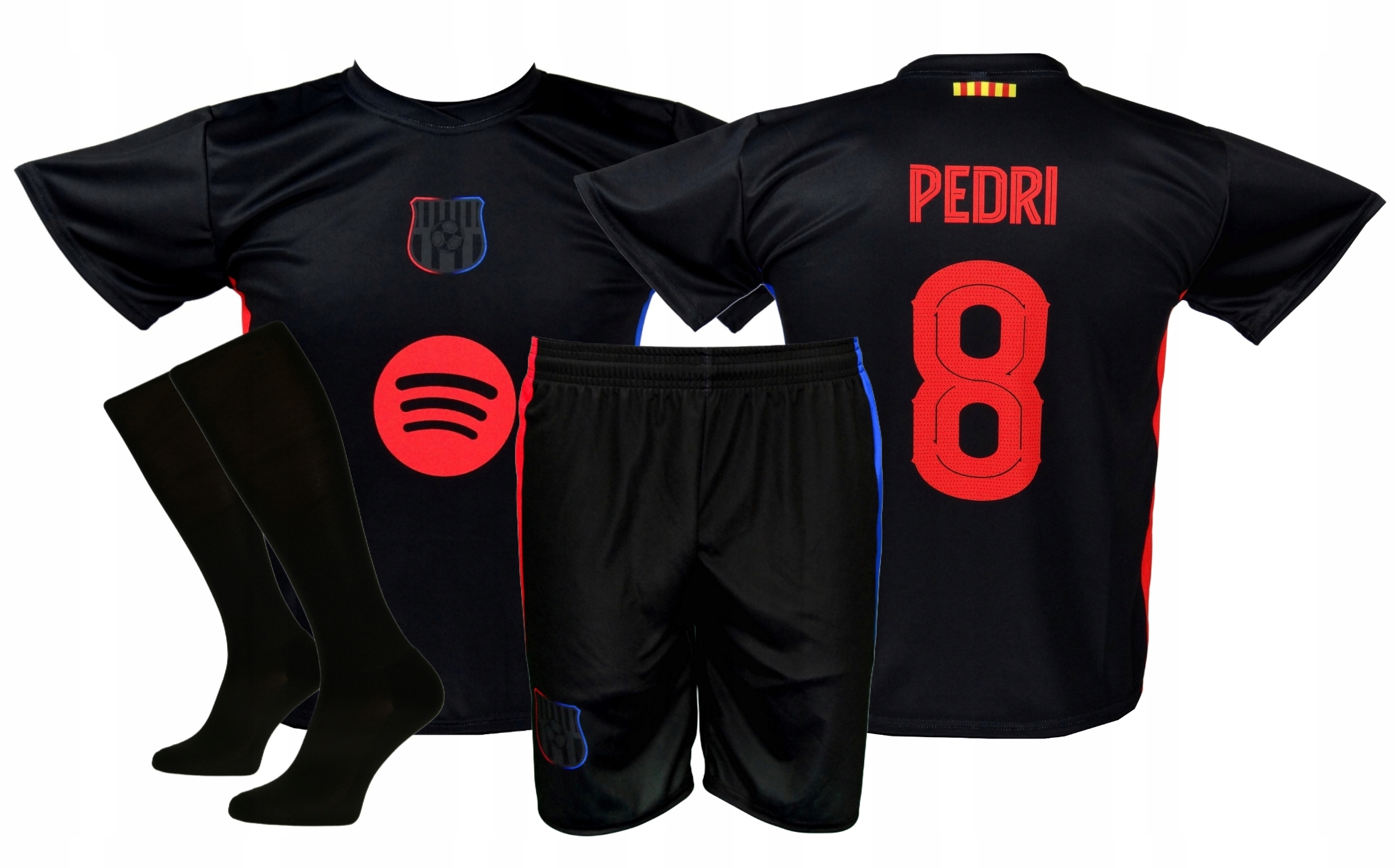 Pedri Barcelona strój piłkarski koszulka spodenki getry Czarny rozmiar 140