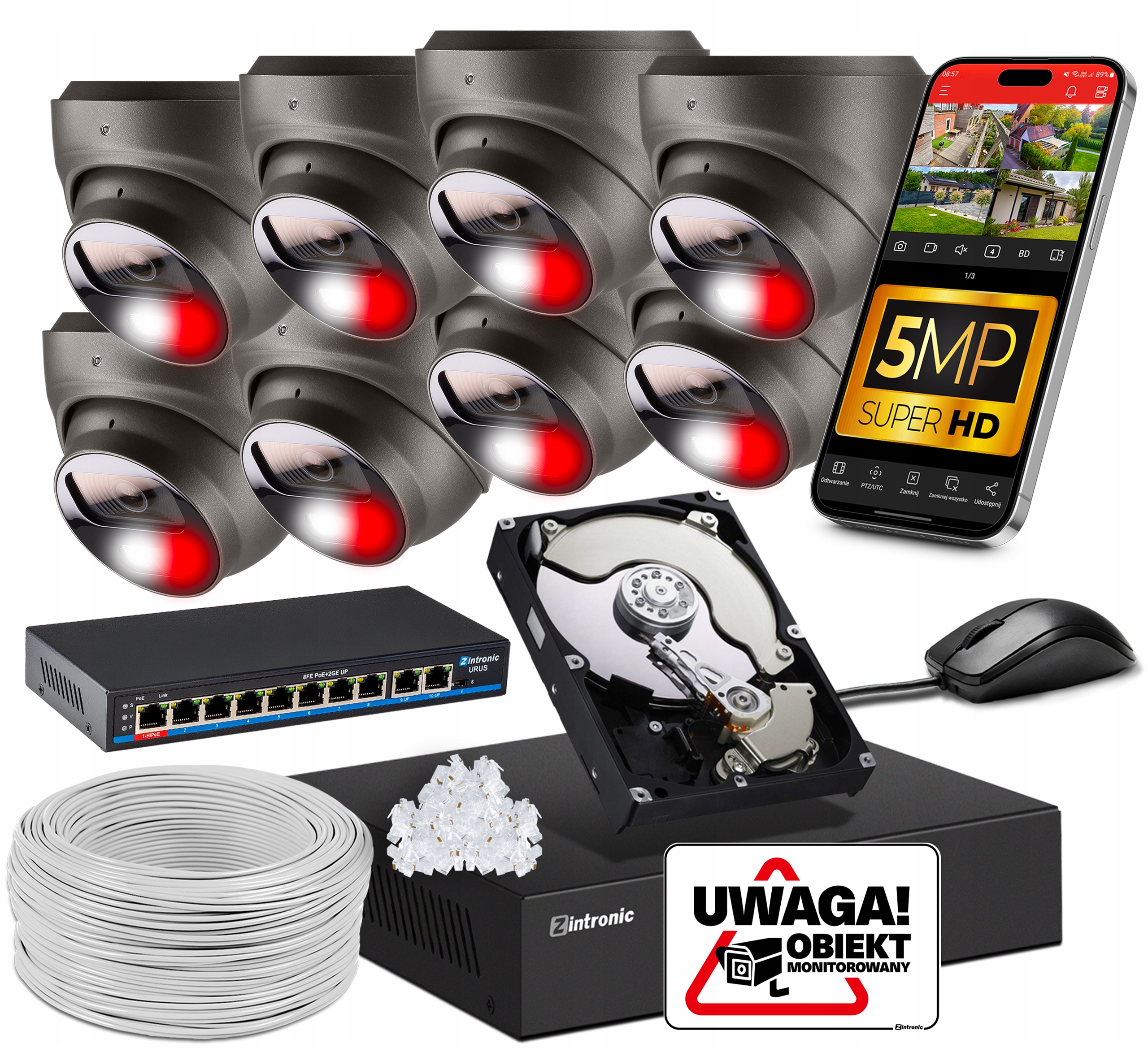 Sada Monitoringu Ip PoE 8 Kamer 5MPx Šedá Audio Detekce 1TB Switch