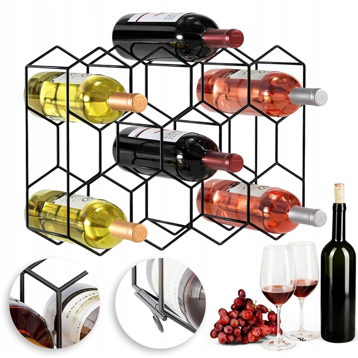 Kovový regál na víno, 14 lahví, geometrický design, černý, pro domácnost