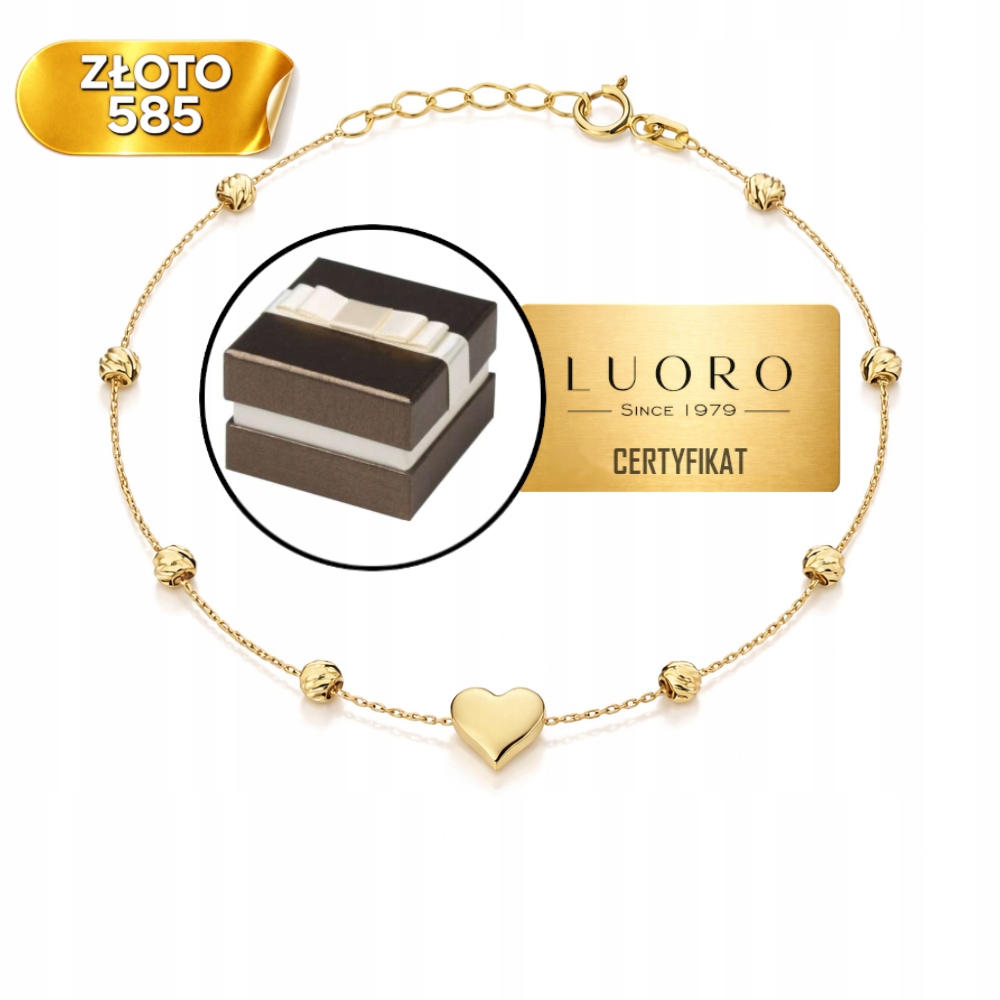 Náramek Zlatý 585 14K Trojrozměrné Srdce Diamantové Kuličky 17 CM