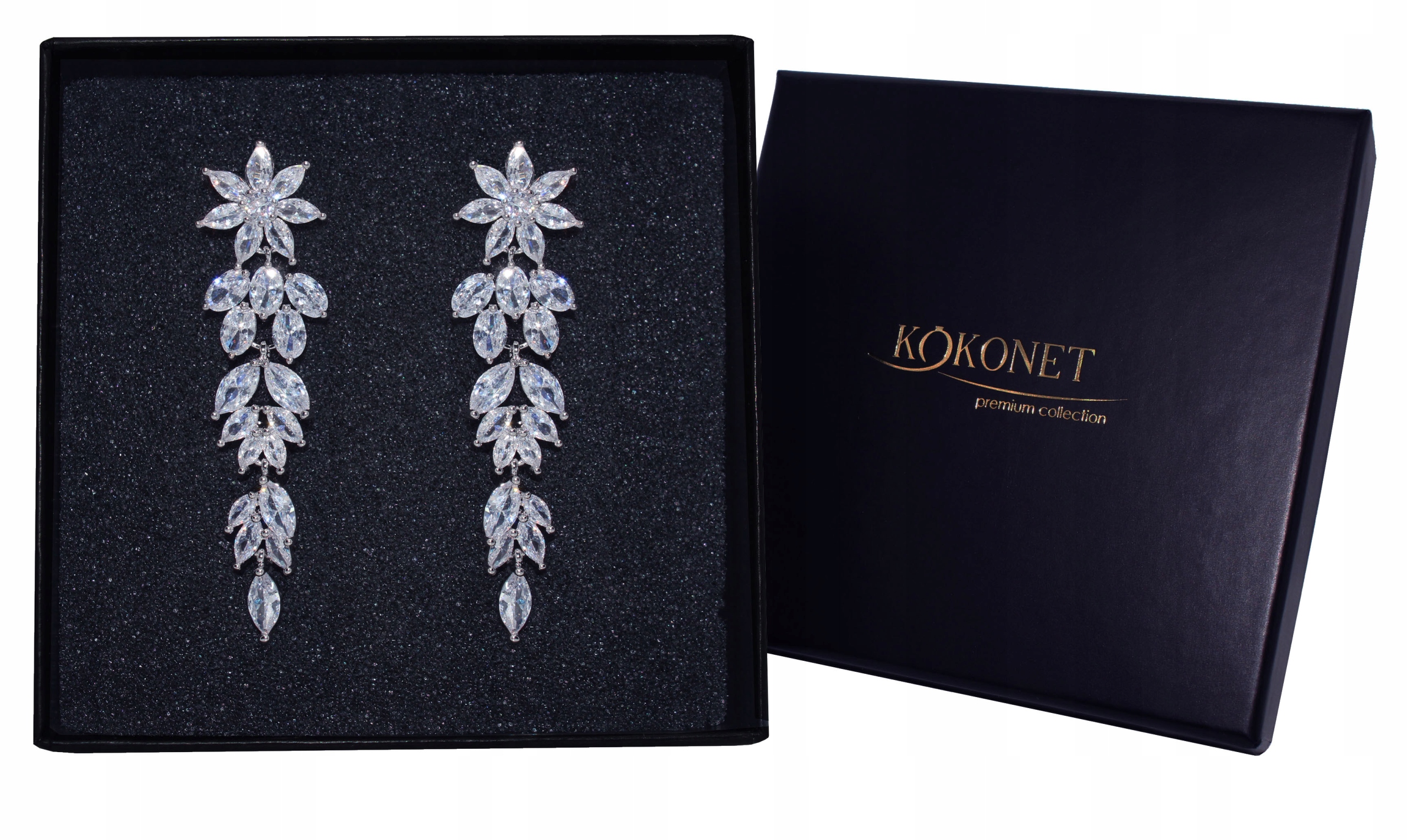 KOLCZYKI ślubne KWIAT długie srebrne KAMIEŃ listki