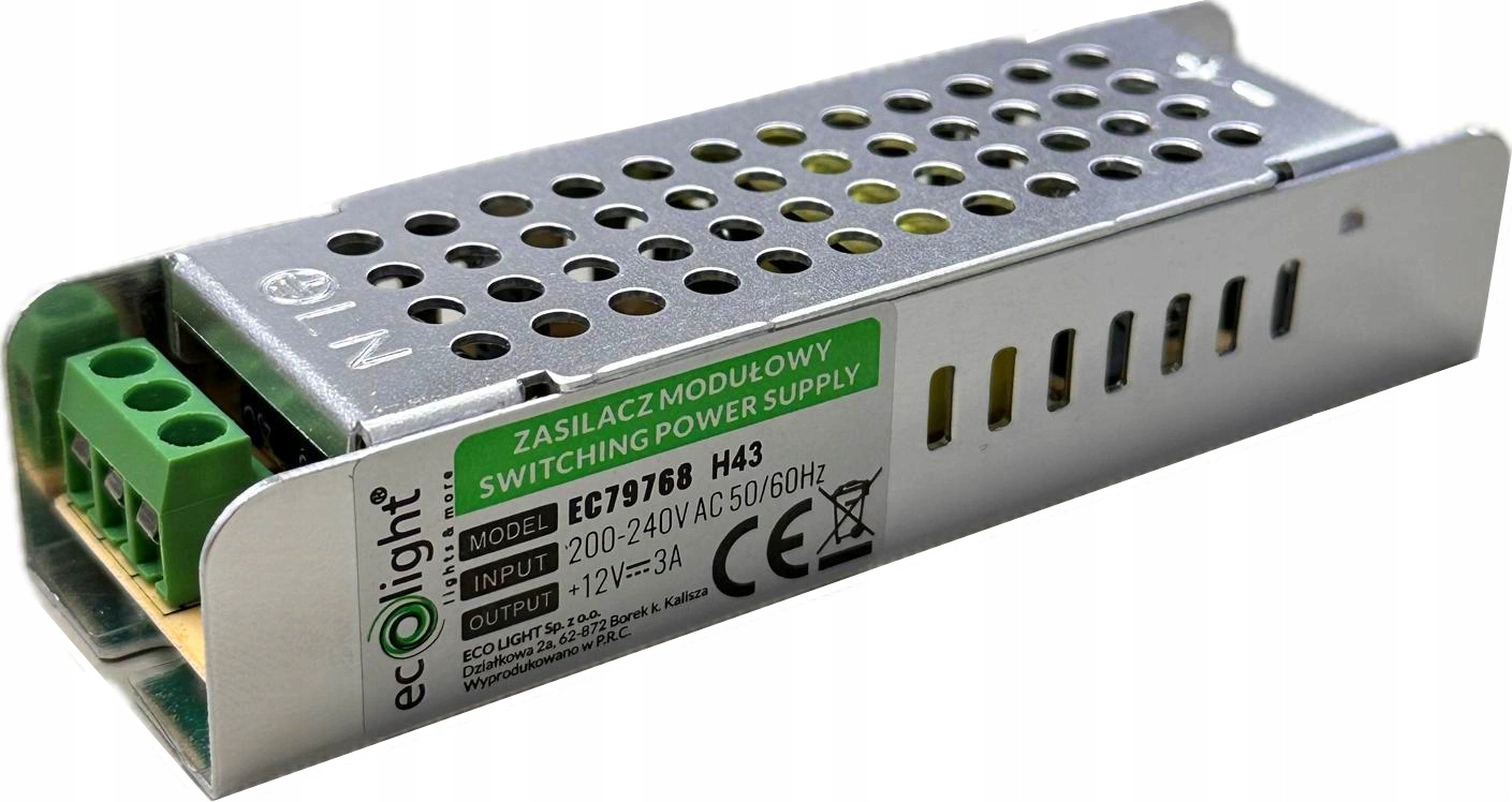 Eco Light zasilacz LED 36W 12V 3A IP20 SLIM 100x30x21 EC79768