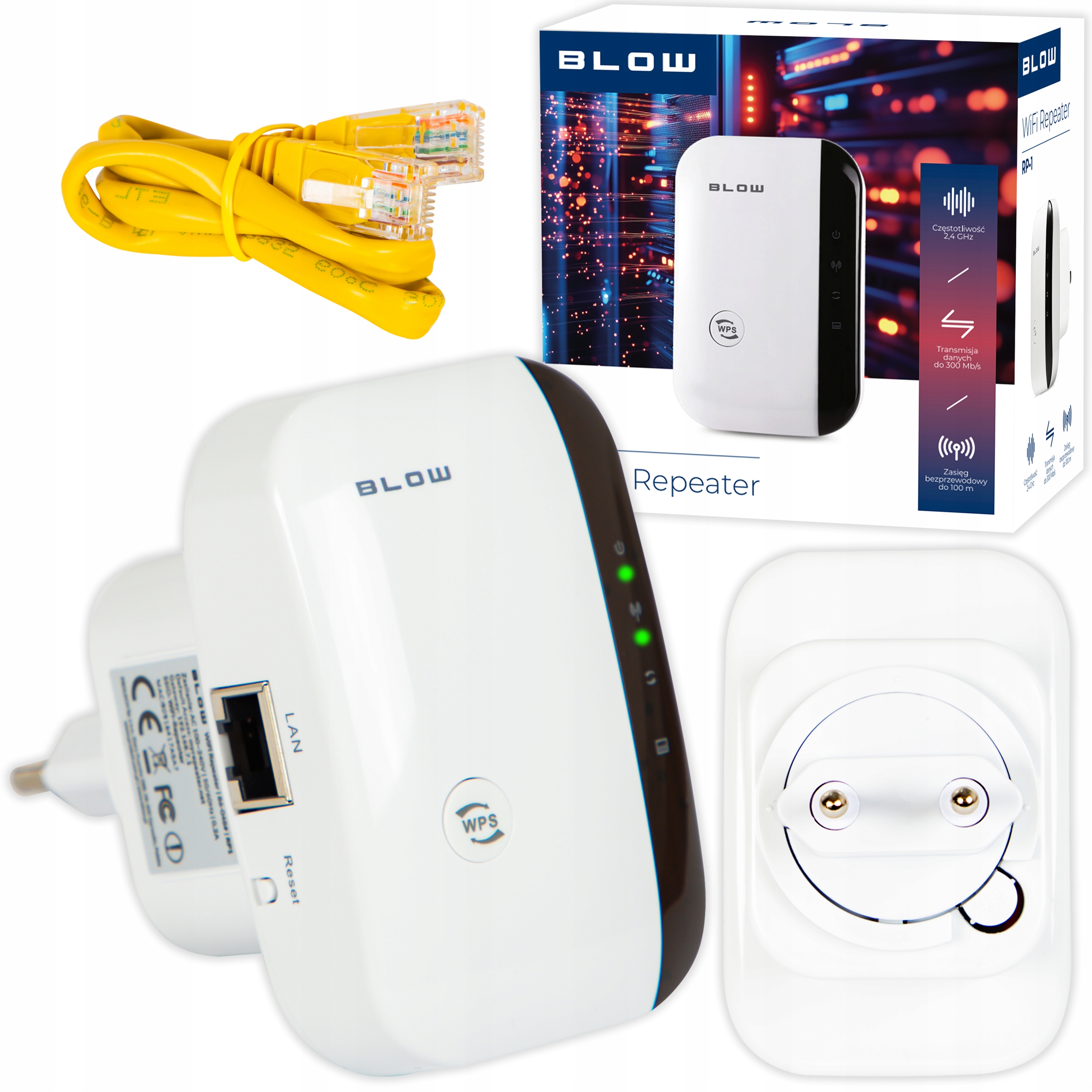 MOCNY WZMACNIACZ SYGNAŁU WI-FI REPEATER 300MB/S RP-1 BLOW RJ-45 2.4GHZ WPS