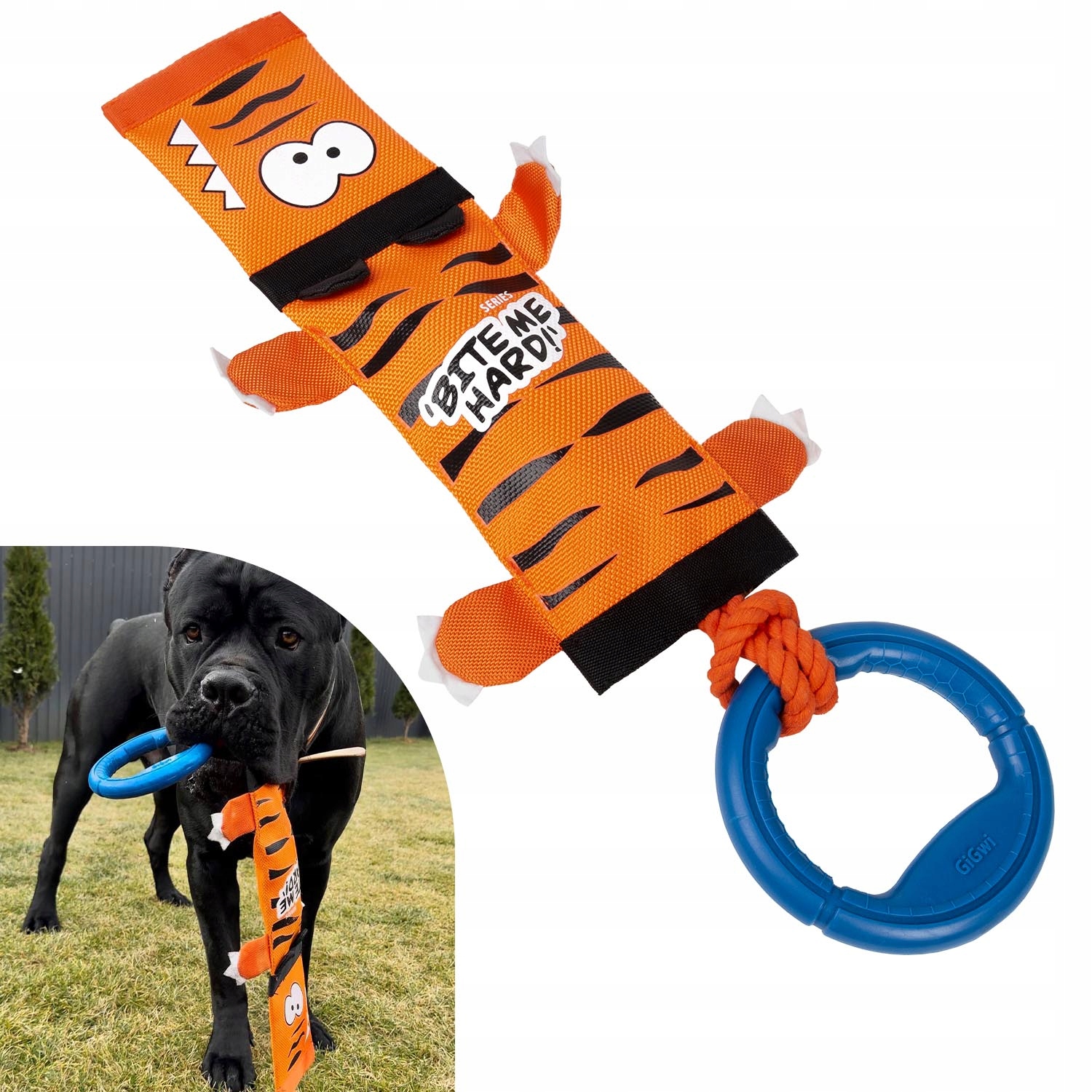 Levně Hračka pro psy Tygr na provázku s držadlem a pískátkem, polyester, 55 cm