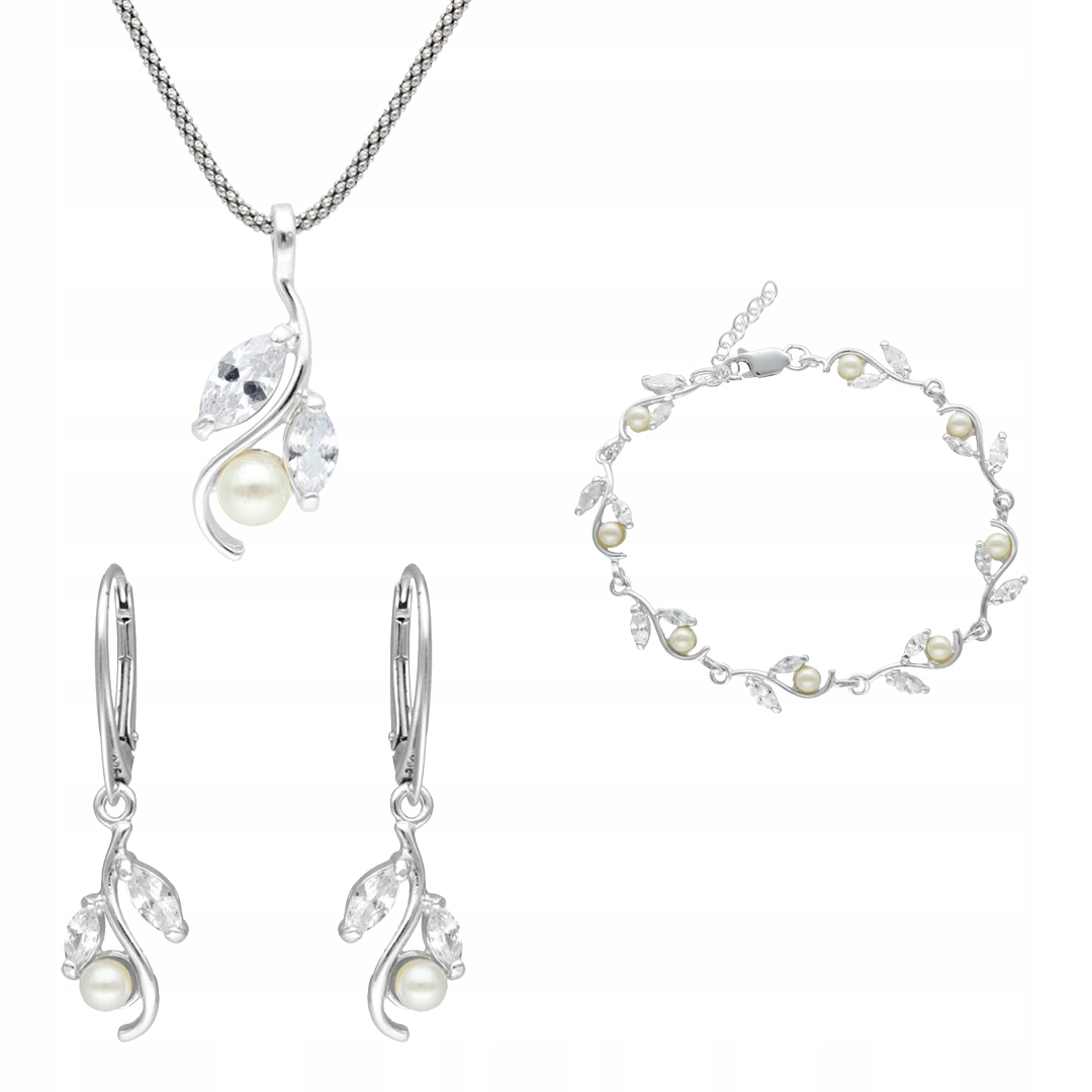 Stříbrný set se zirkony a perličkami Náušnice náramek přívěsek