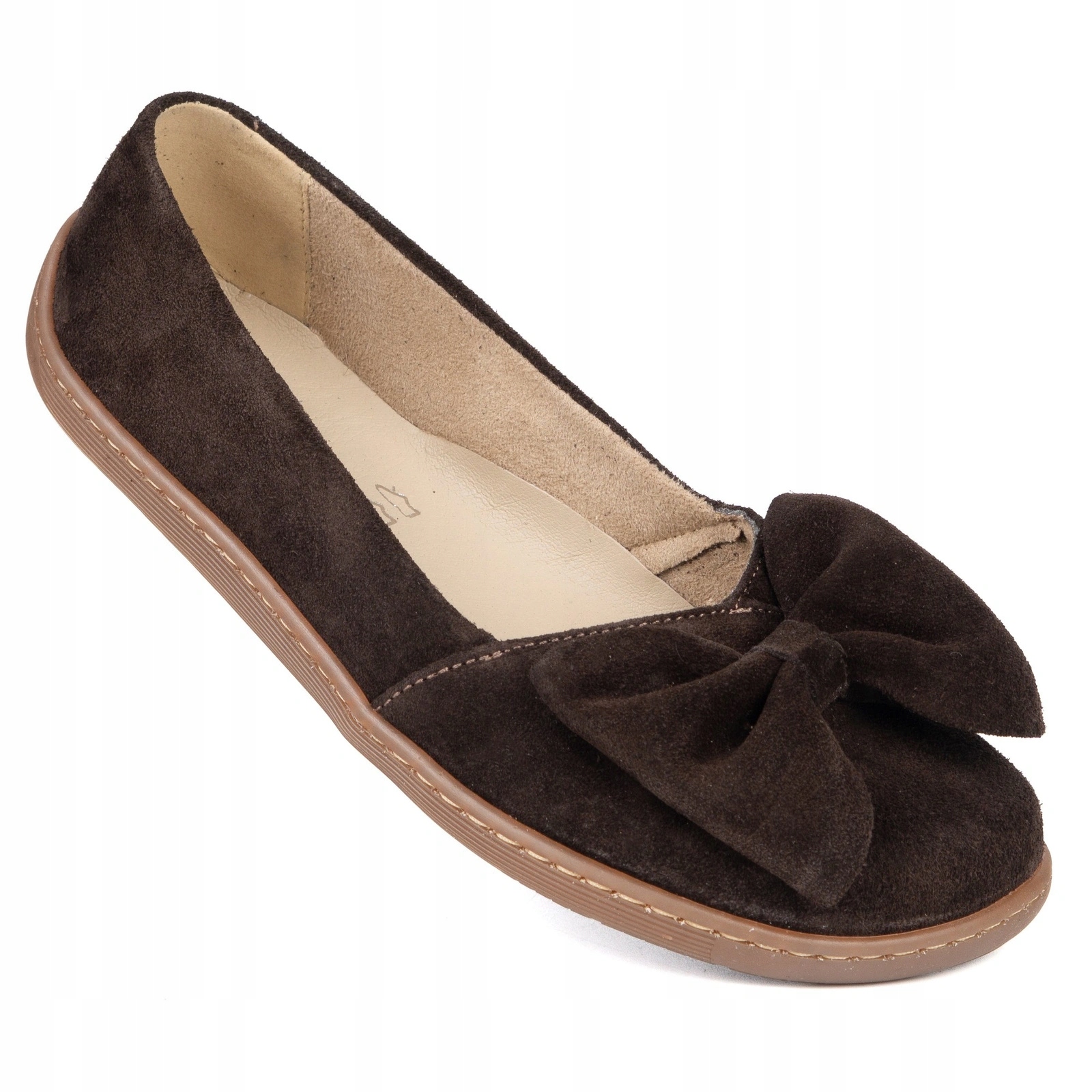 Baleriny barefoot damskie skórzane zero drop Leonor z kokardą brązowe 42