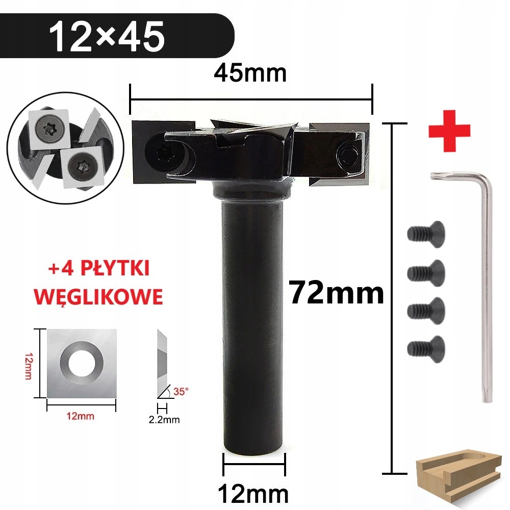 FREZ DO PLANOWANIA PŁASZCZYZN 45 ŚREDNICA 12 TRZPIEŃ 4x PŁYTKA W ZESTAWIE