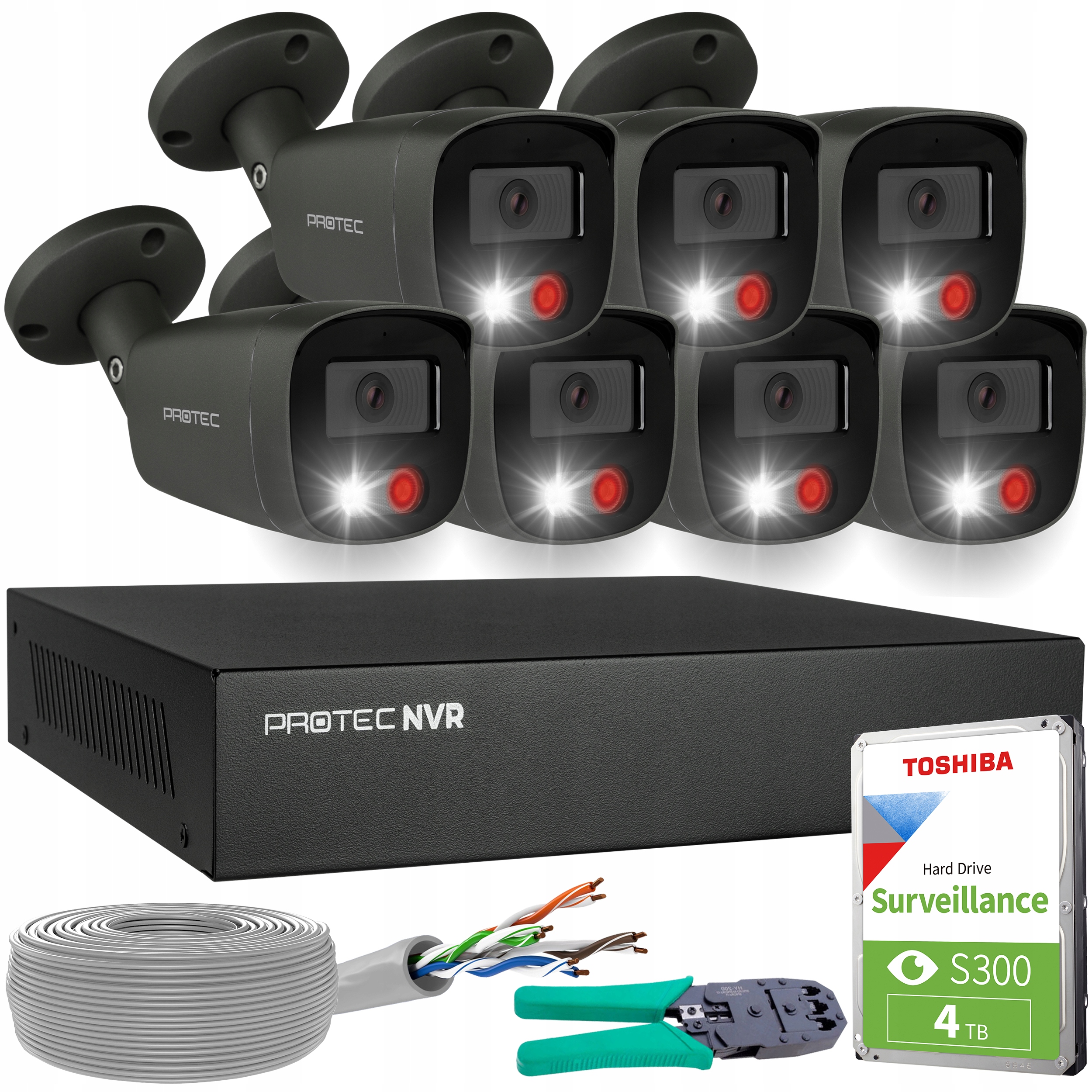 Sada monitorování 7 Ip kamer PoE Full color detekce lidí 5Mpx Hdd grafit