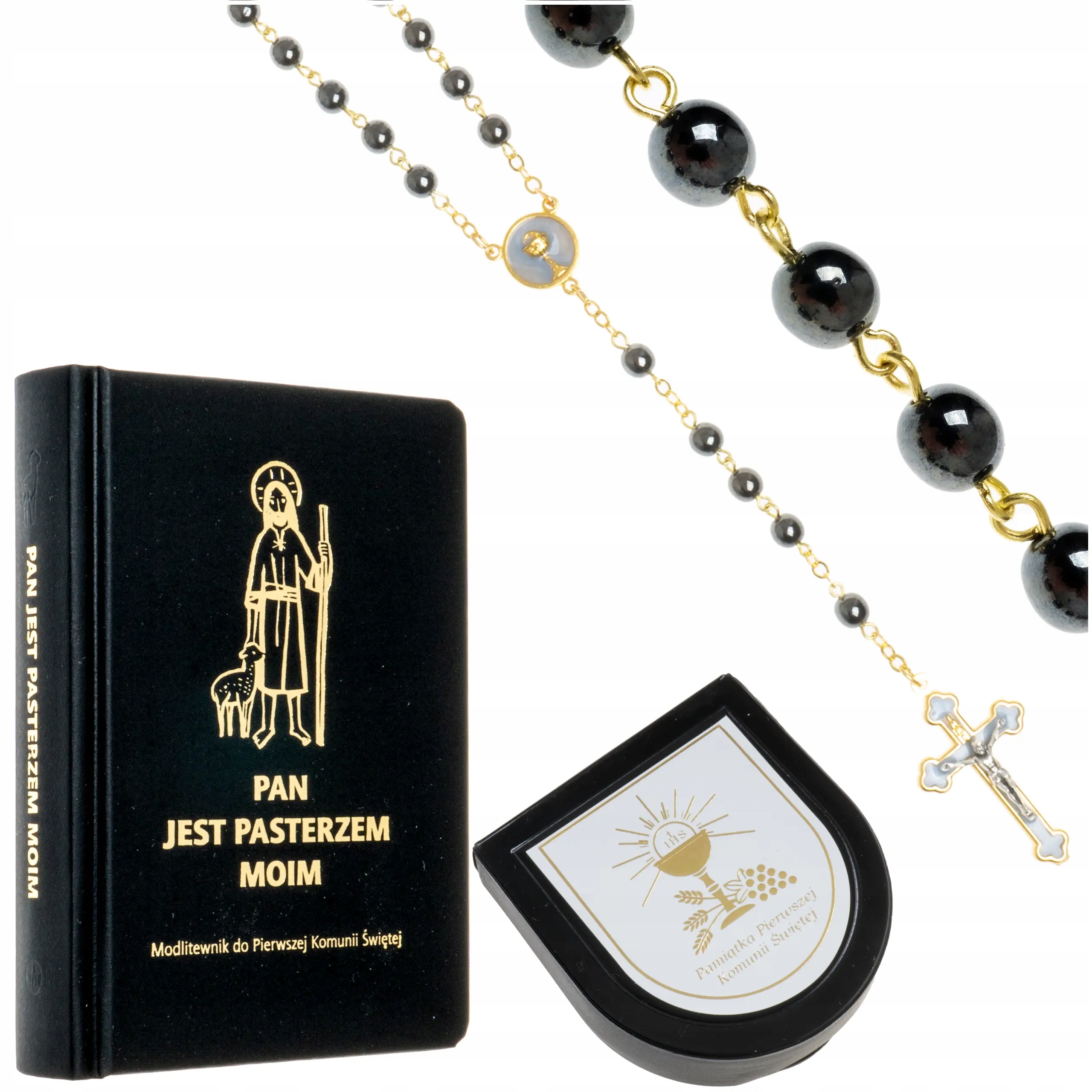 Knížka k přijímání pro chlapce černá Růženec k prvnímu svatému přijímání zlatý a Krabička