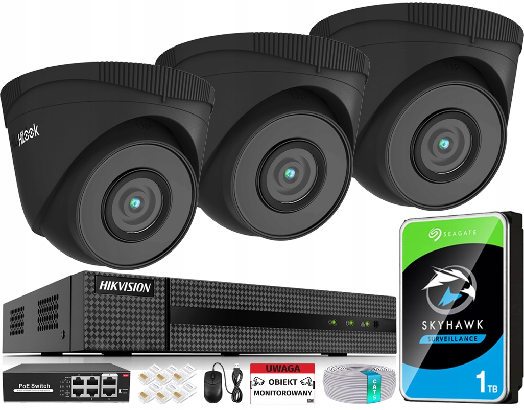Sada na monitorovanie Ip 3 kamier 5MPx PoE Čierna Rekordér Hikvision 1TB