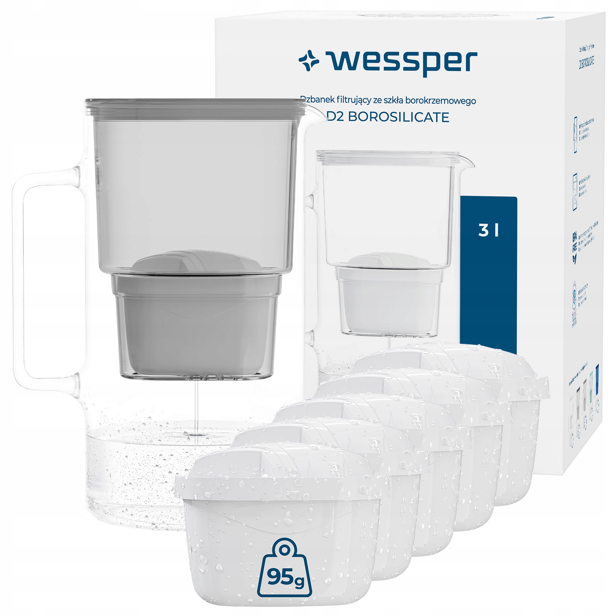 Skleněný Džbán Wessper D2 Borosilicate 3 l 6 x Filtrační Vložka Na Vodu Wessper