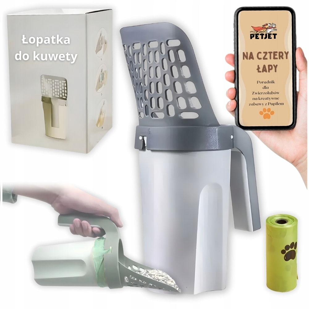 Velká lopatka na kočičí stelivo s nádobou a naběračkou odpadkové sáčky Pe