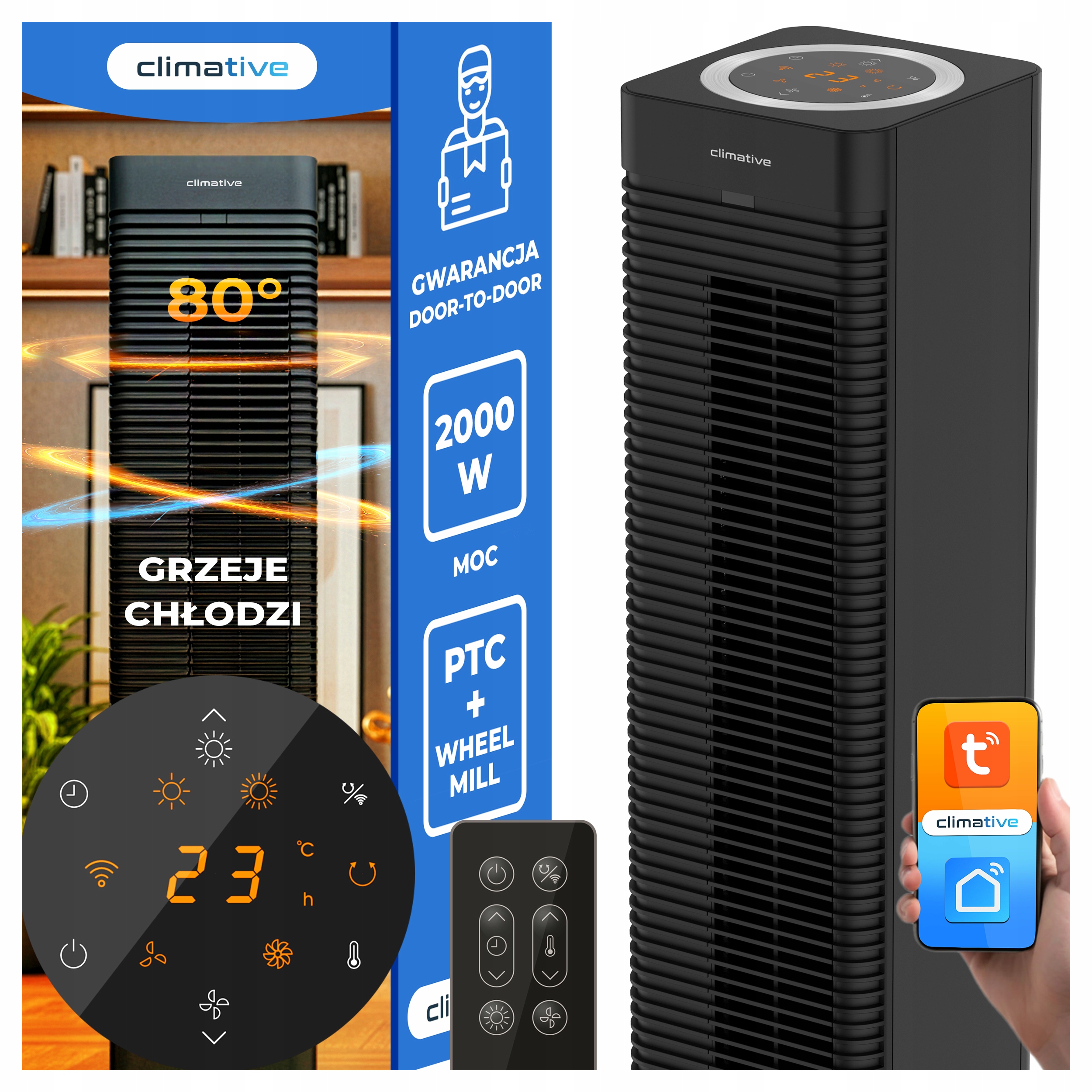 Termoventilátor CoolHeat WiFi 2v1 Sloupový ventilátor Farelka 2000W 73 cm