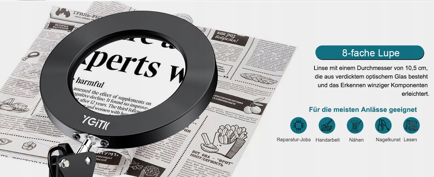 LAMPA LED SZKŁO POWIĘKSZAJĄCE 8X YGiTK 3 KOLORY 10 POZIOMÓW JASNOŚCI USB Stan opakowania oryginalne