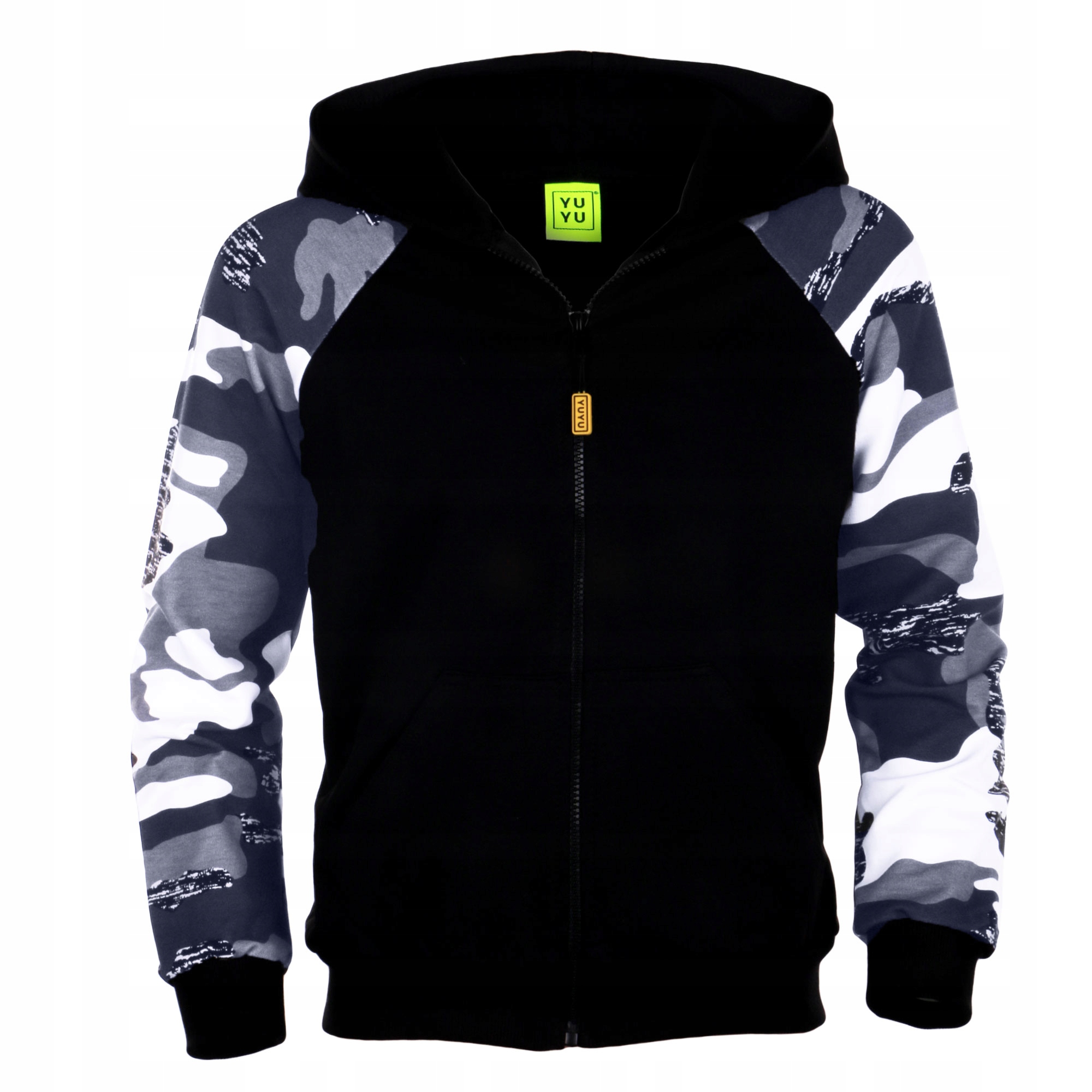 

Bluza Z Kapturem Czarna Rękawy Szare Moro 152