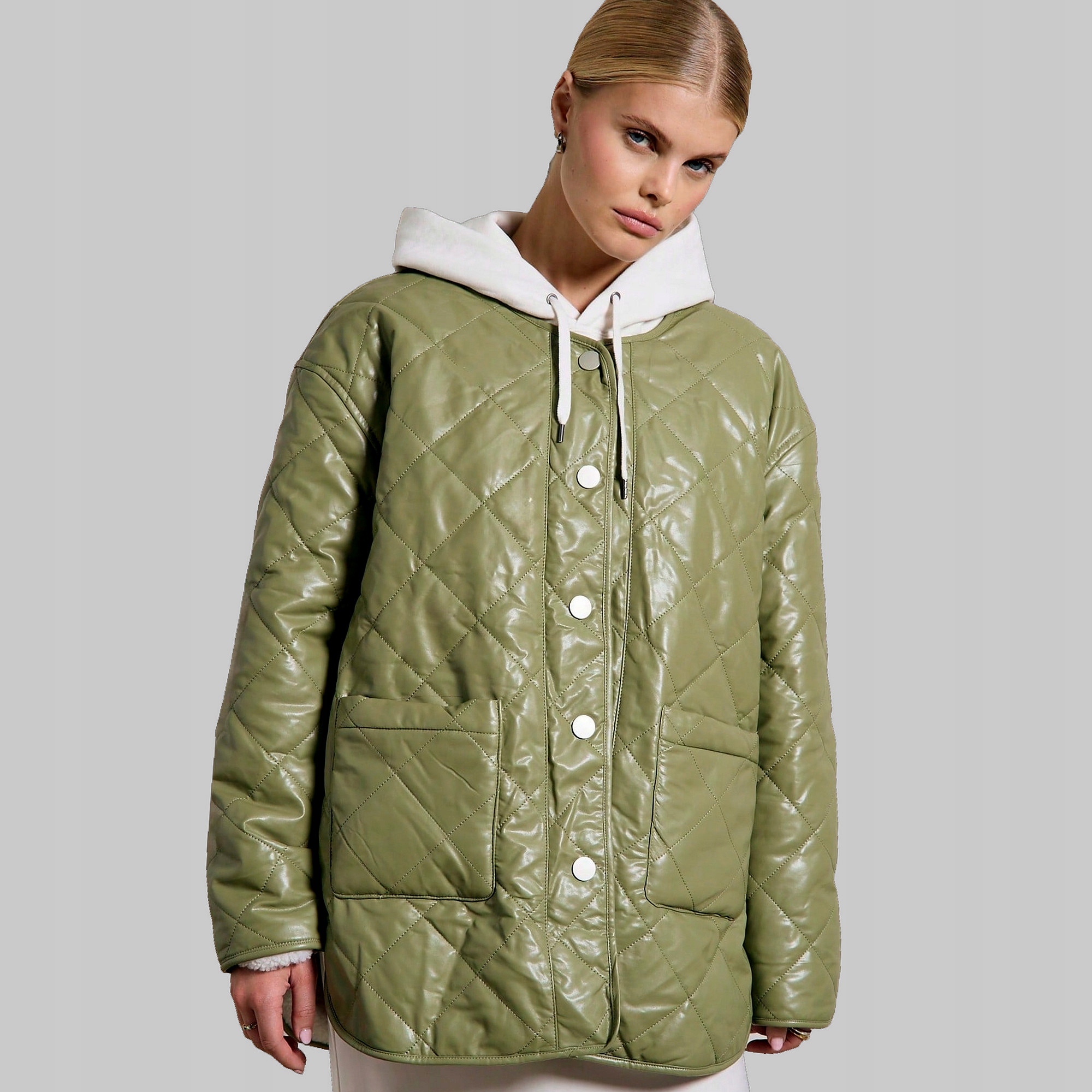Kožená Bunda Prošívaná Zateplená Stylová Zelená Casual Aiirz Xs 34