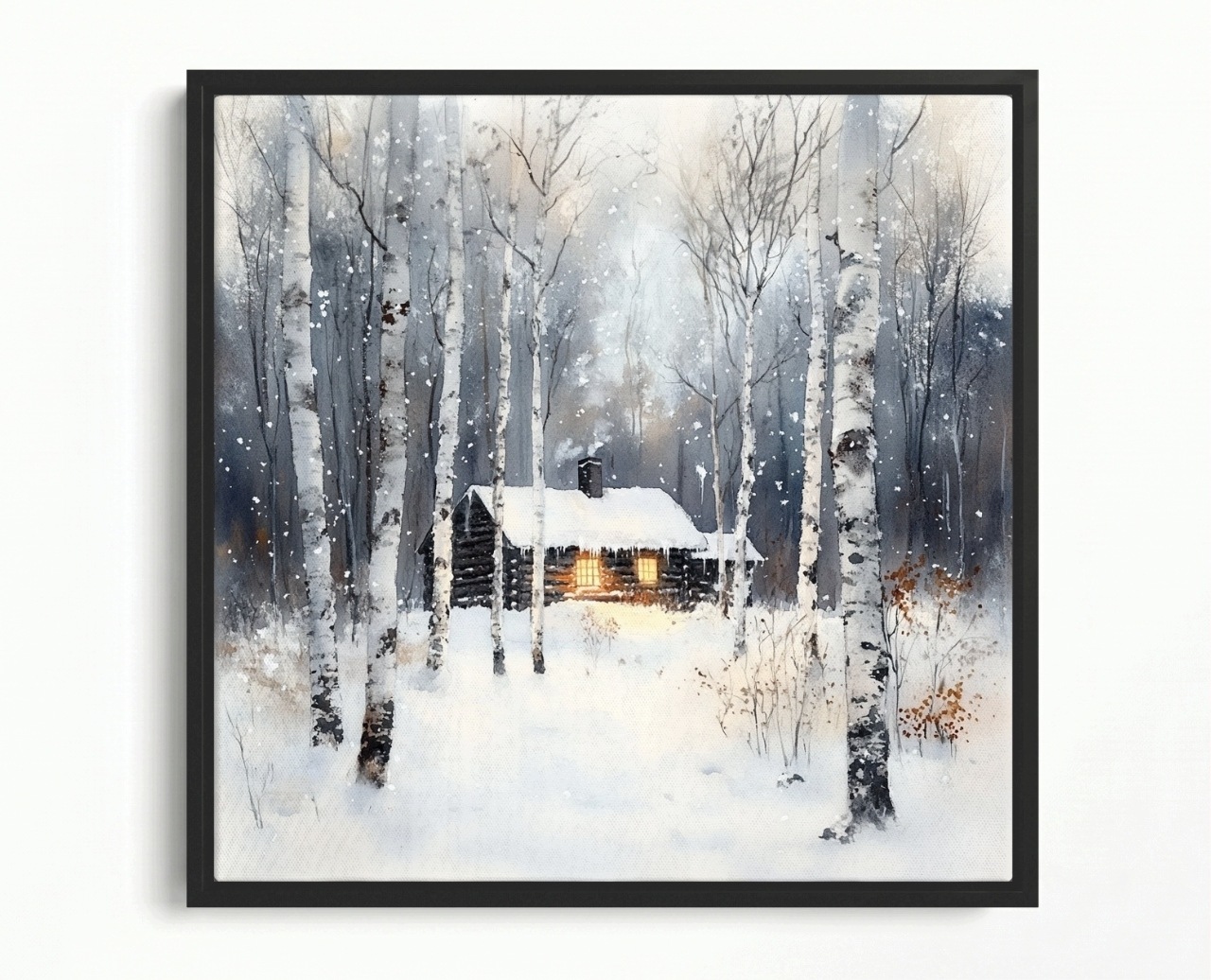 Obraz Rám Americký Box Chatka V Lese Zima Sníh Břízy Akvarel 40x40