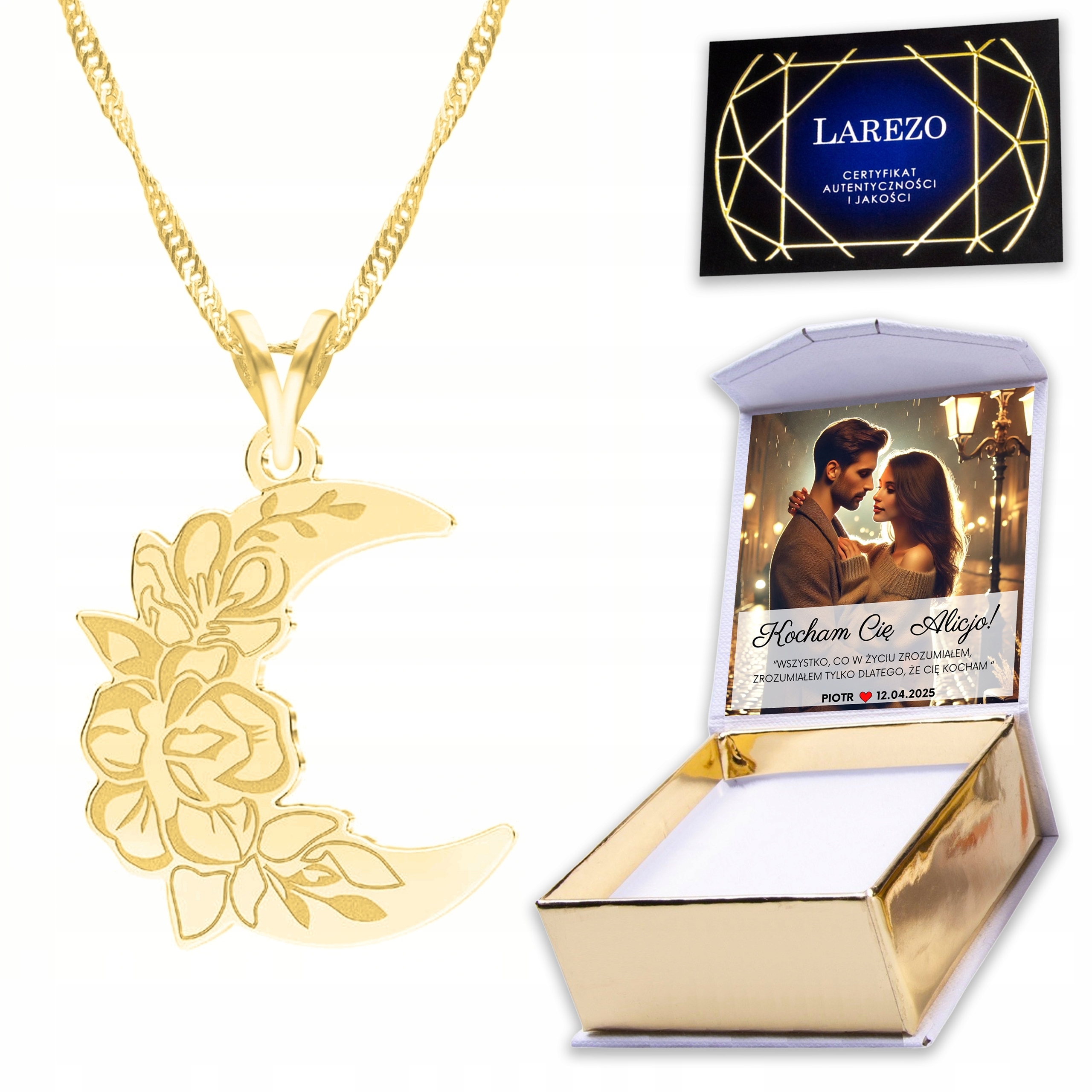 Zlatý náhrdelník 925 s Měsícem Růžový Měsíc Noc Vesmír Potisk