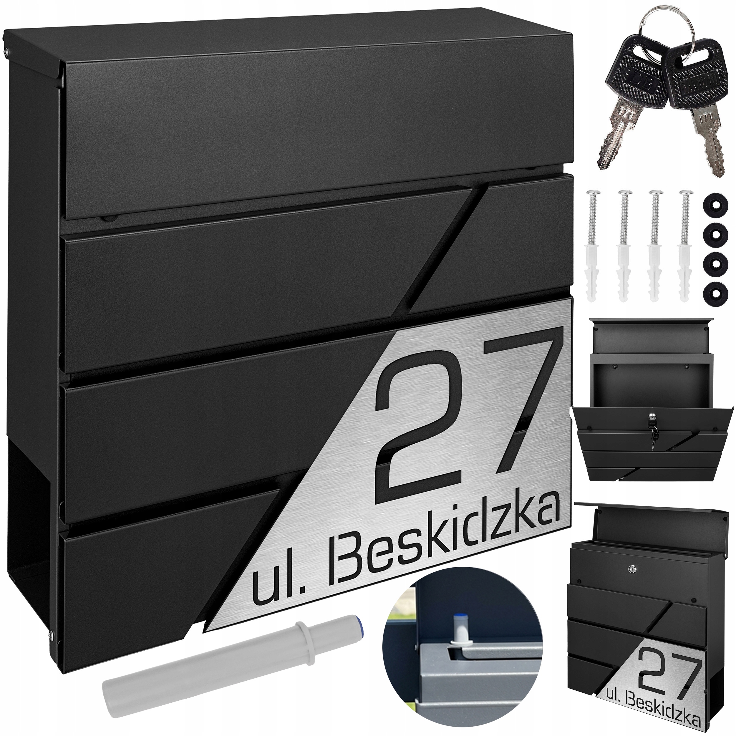 Moderní Černá Poštovní Schránka Mtec, Laminovaná Ulice, Laserové Gravírování