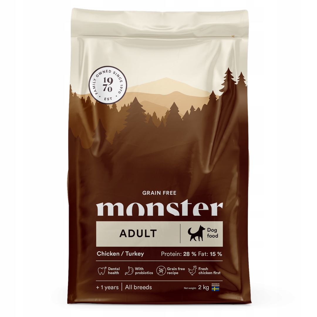 Monster Dog Adult 2kg Bezobilné suché Krmivo pro psy Kuře s krůtím masem