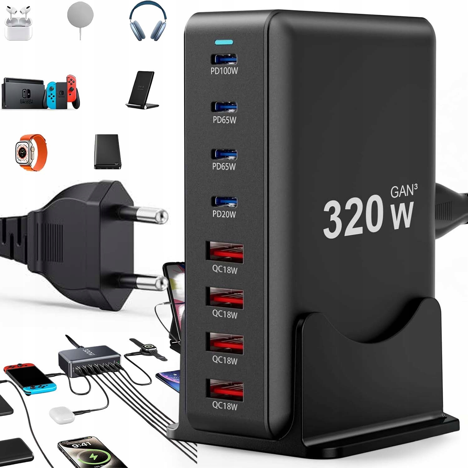 Síťová Nabíječka 320 W Rychlá 4 Porty Usb-c Pd 4 Porty Usb-a Qc Pro Stůl